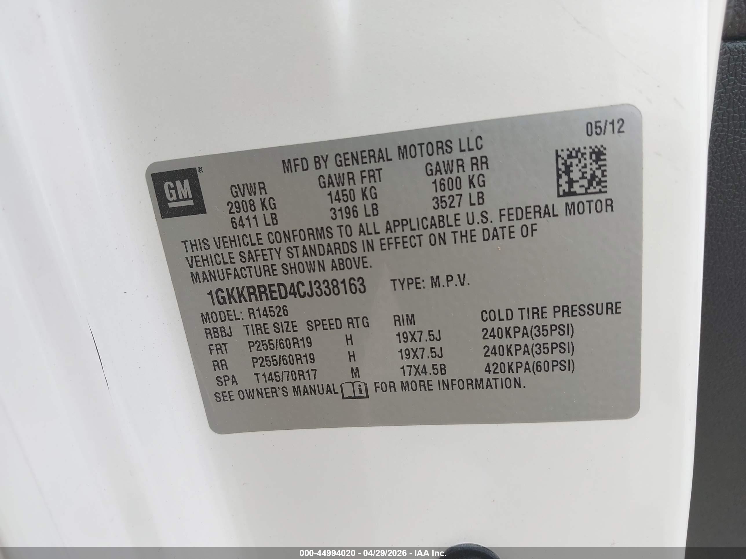 2012 Gmc Acadia Slt-1 White vin: 1GKKRRED4CJ338163