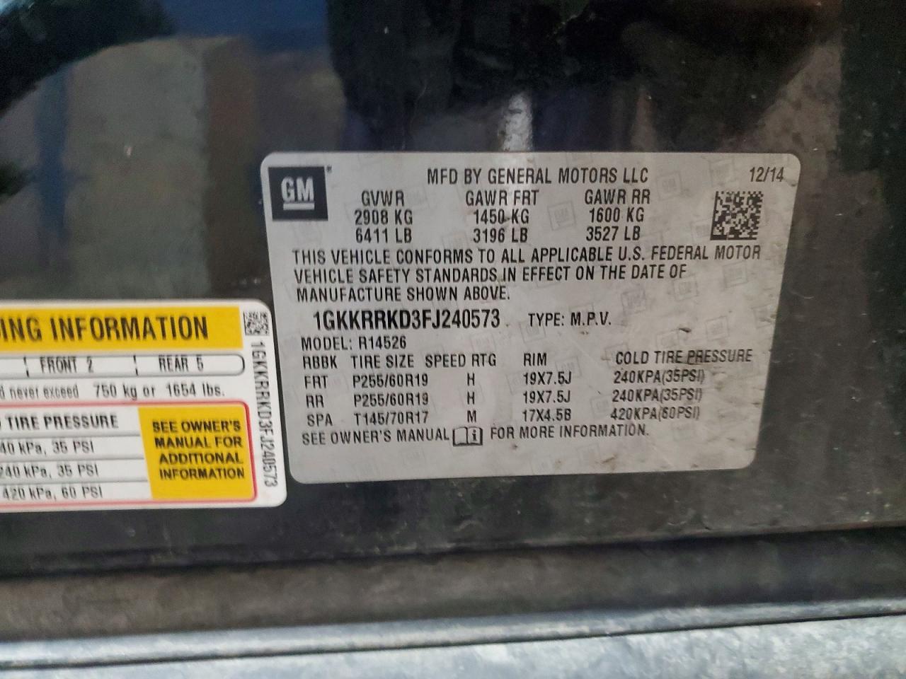 2015 Gmc Acadia Slt-1 Угольный vin: 1GKKRRKD3FJ240573
