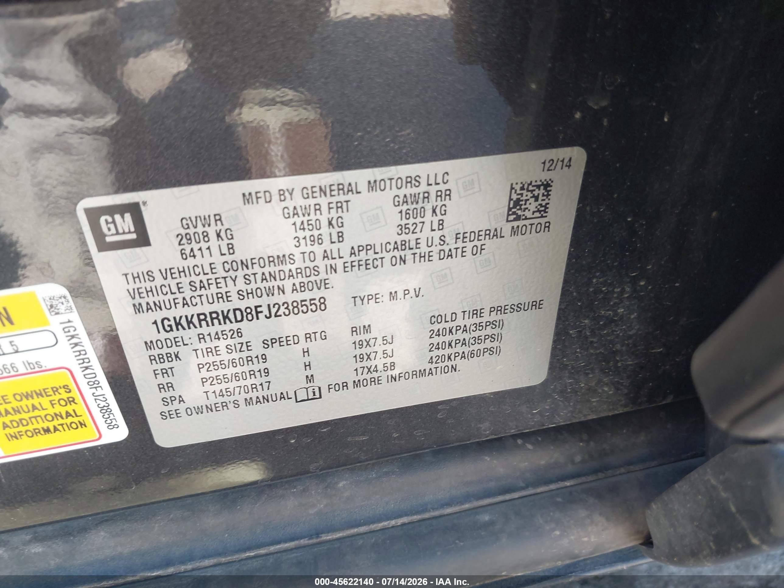 2015 Gmc Acadia Slt-1 Черный vin: 1GKKRRKD8FJ238558