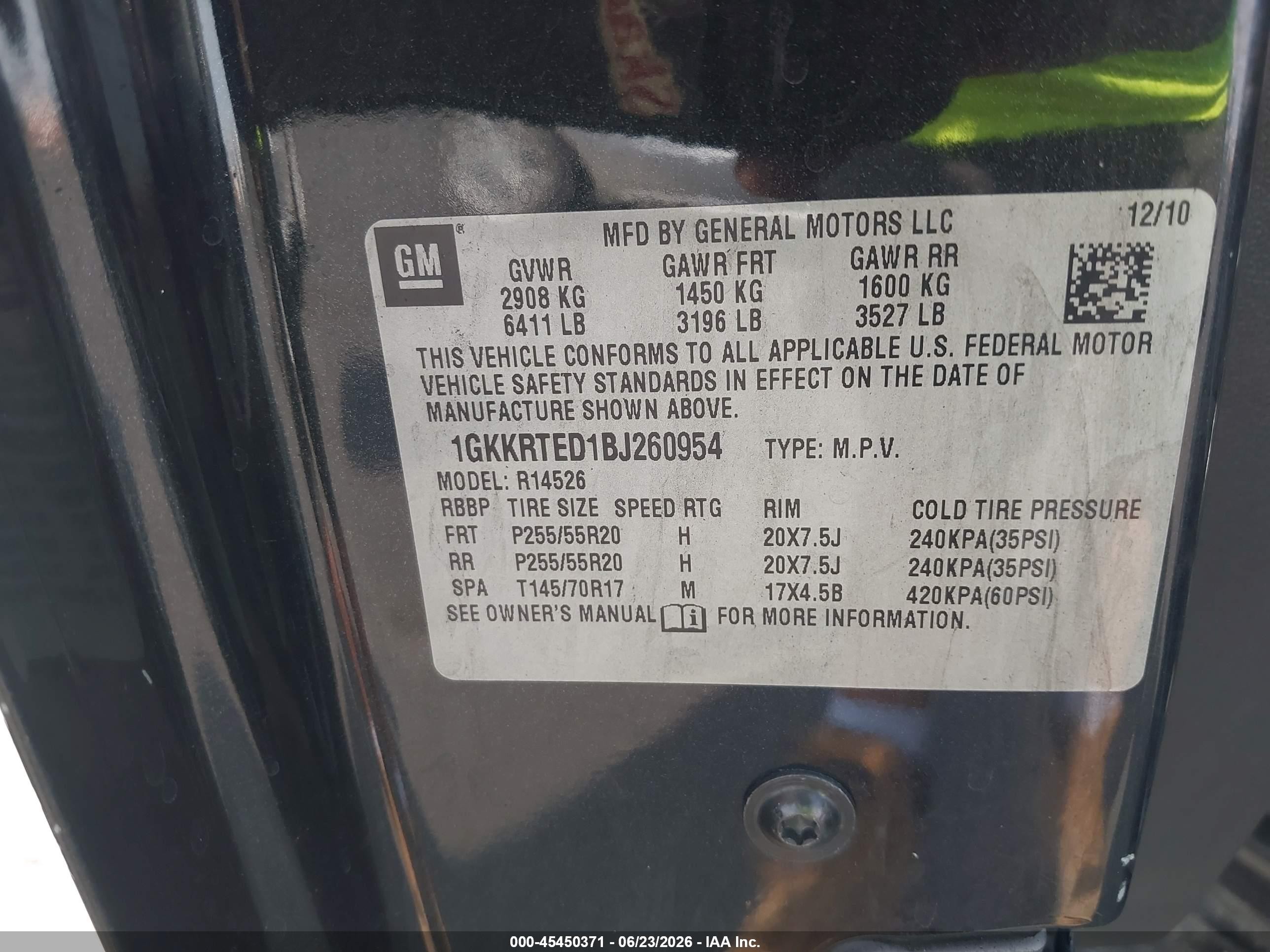 2011 Gmc Acadia Denali Black vin: 1GKKRTED1BJ260954