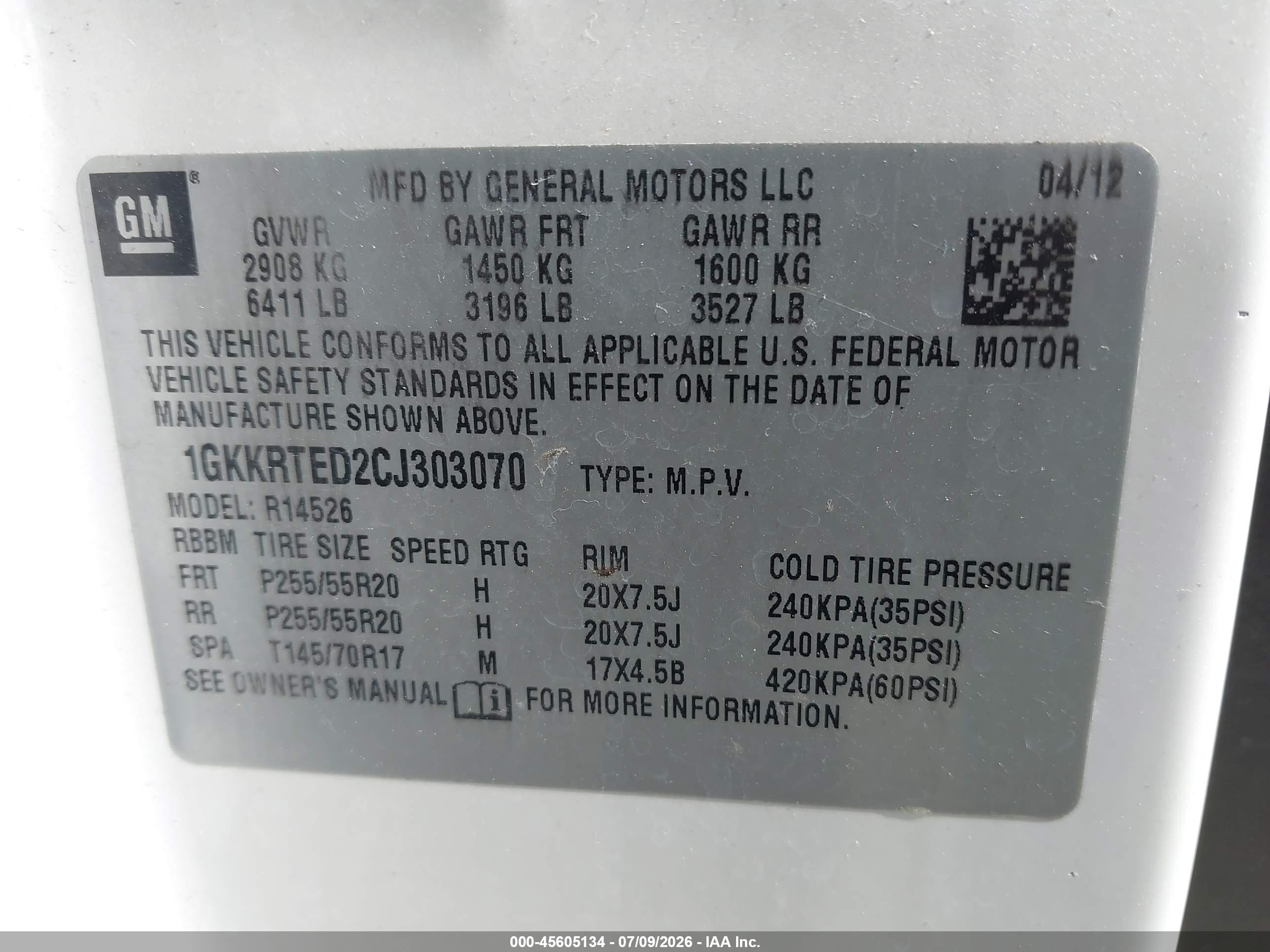 2012 Gmc Acadia Denali White vin: 1GKKRTED2CJ303070
