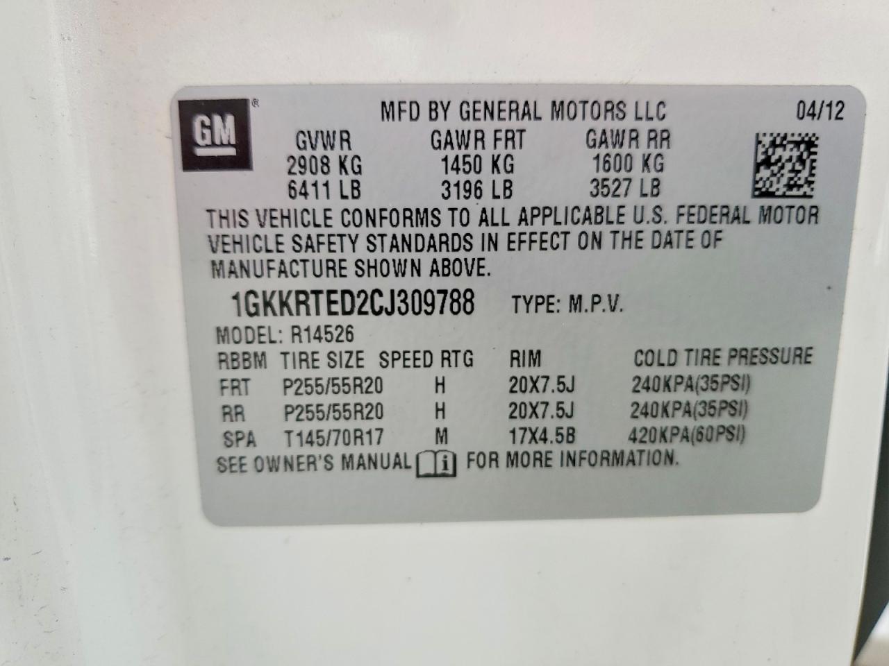 2012 Gmc Acadia Denali White vin: 1GKKRTED2CJ309788