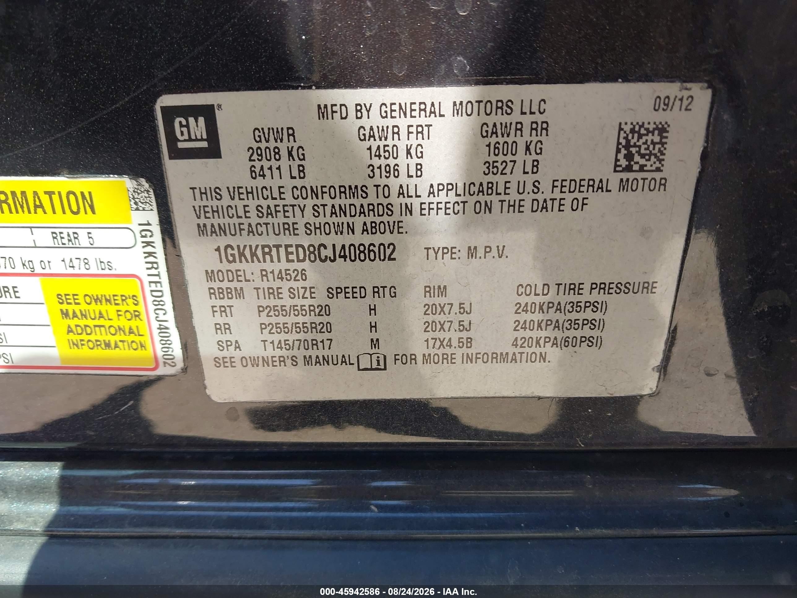 2012 Gmc Acadia Denali Black vin: 1GKKRTED8CJ408602