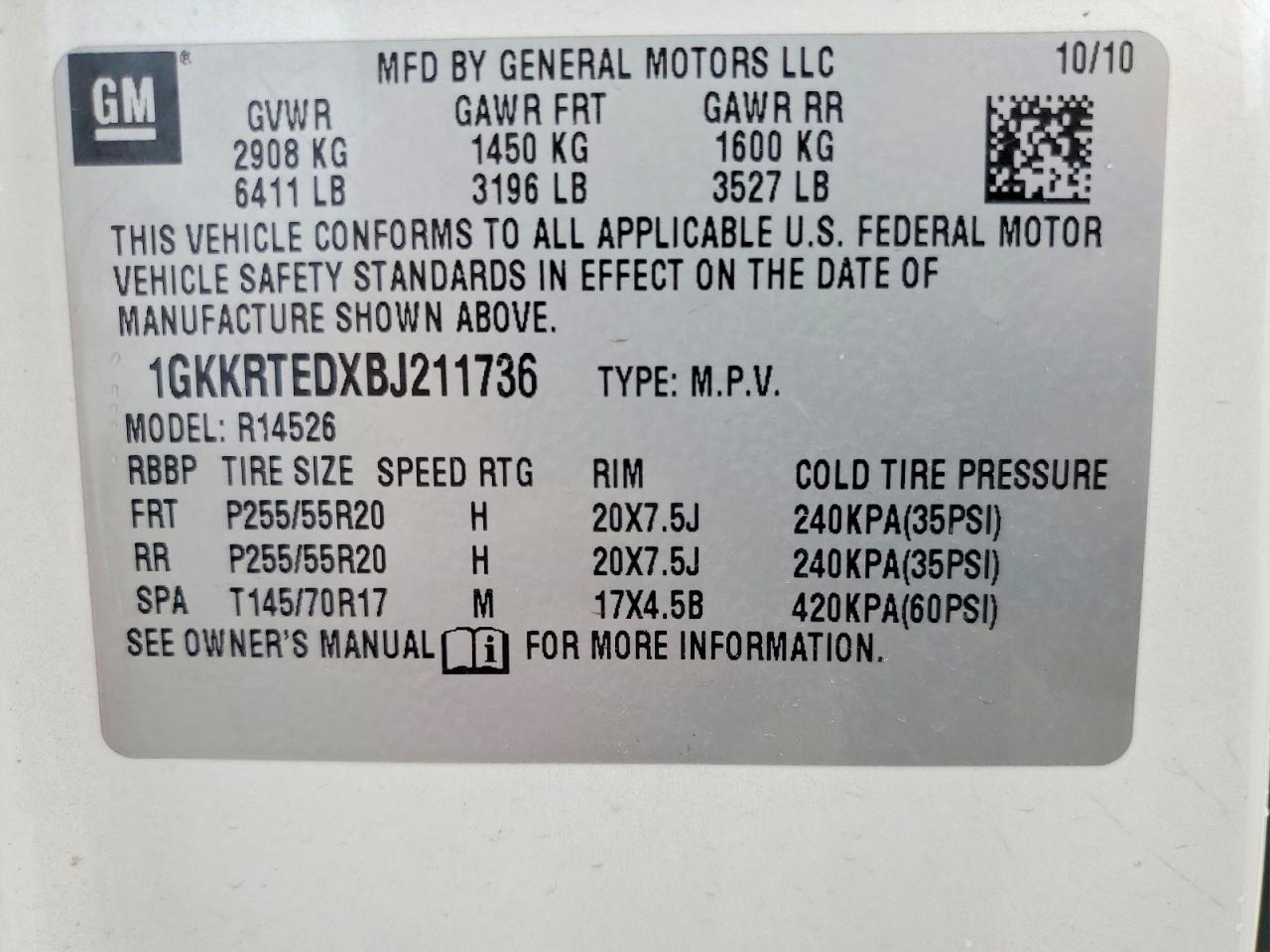 2011 Gmc Acadia Denali White vin: 1GKKRTEDXBJ211736