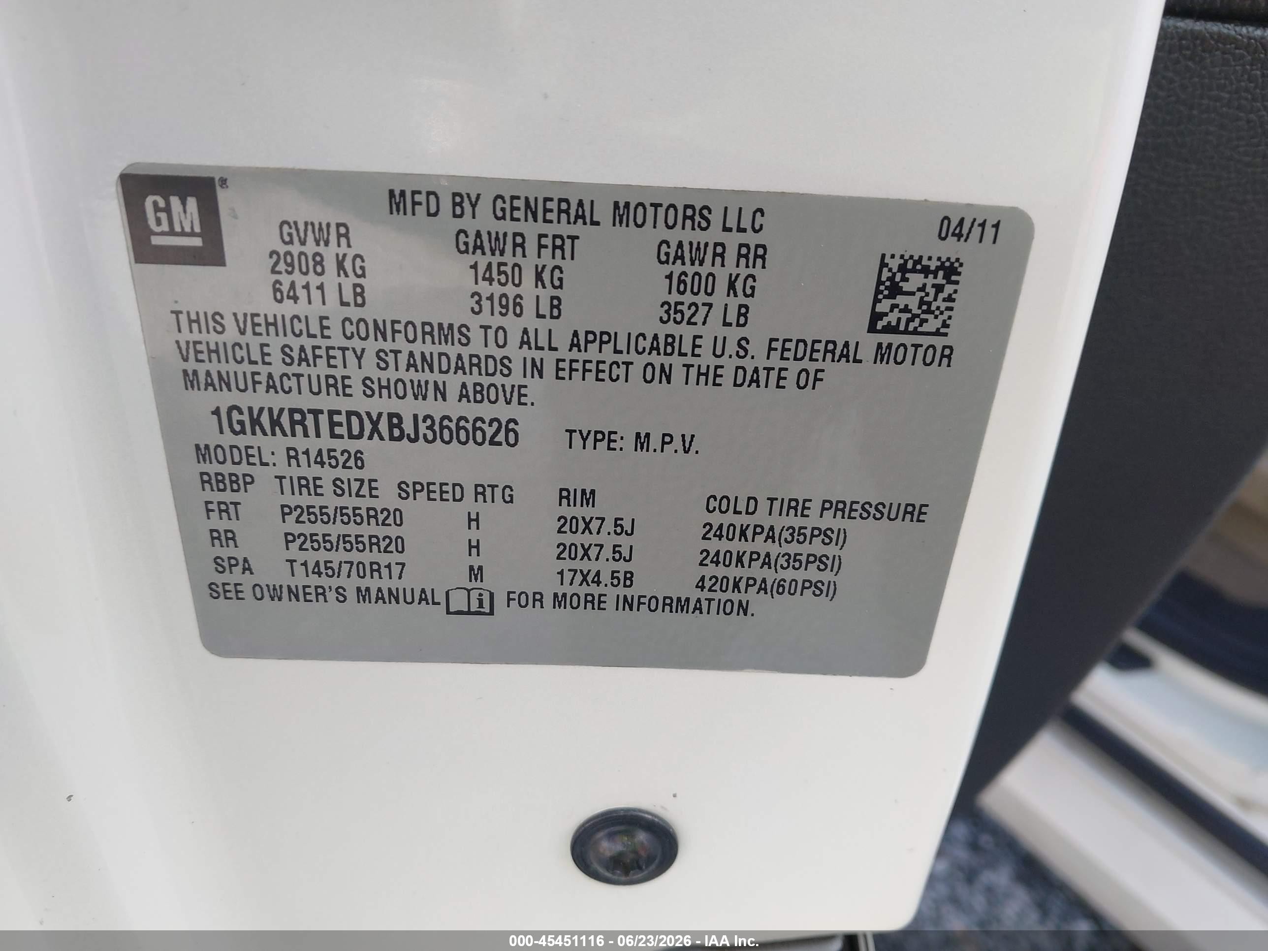2011 Gmc Acadia Denali White vin: 1GKKRTEDXBJ366626