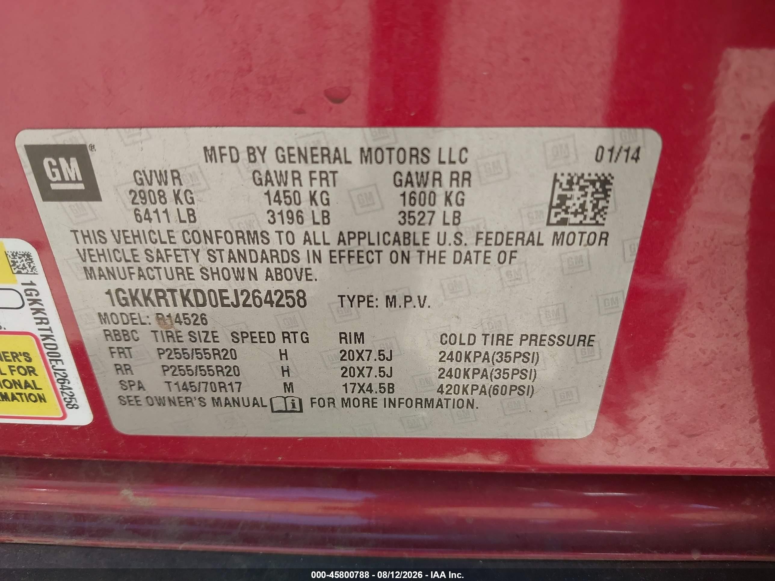2014 Gmc Acadia Denali Red vin: 1GKKRTKD0EJ264258