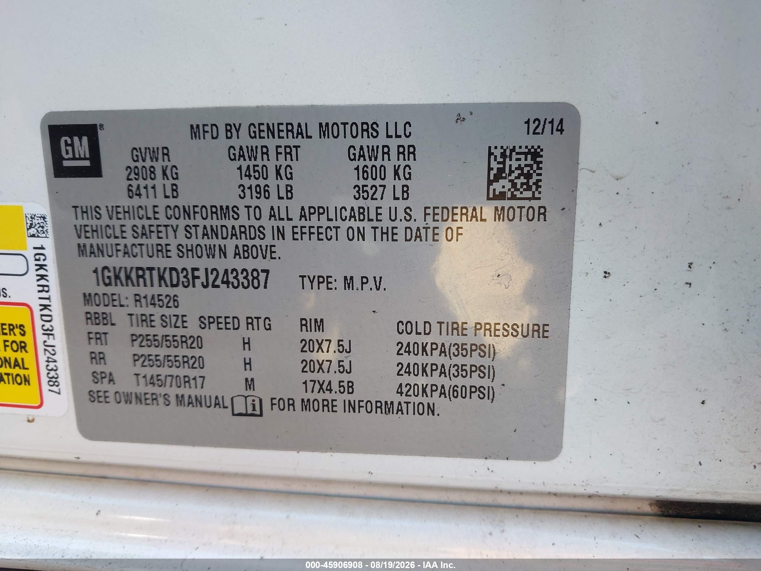 2015 Gmc Acadia Denali Cream vin: 1GKKRTKD3FJ243387