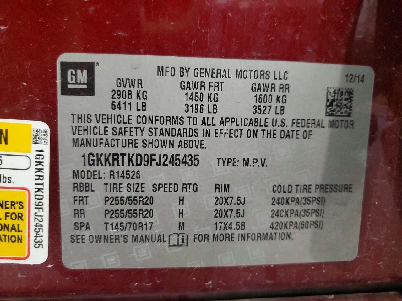 2015 Gmc Acadia Denali Burgundy vin: 1GKKRTKD9FJ245435