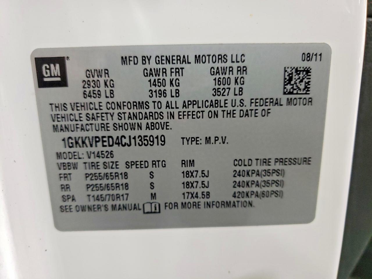 2012 Gmc Acadia Sle White vin: 1GKKVPED4CJ135919