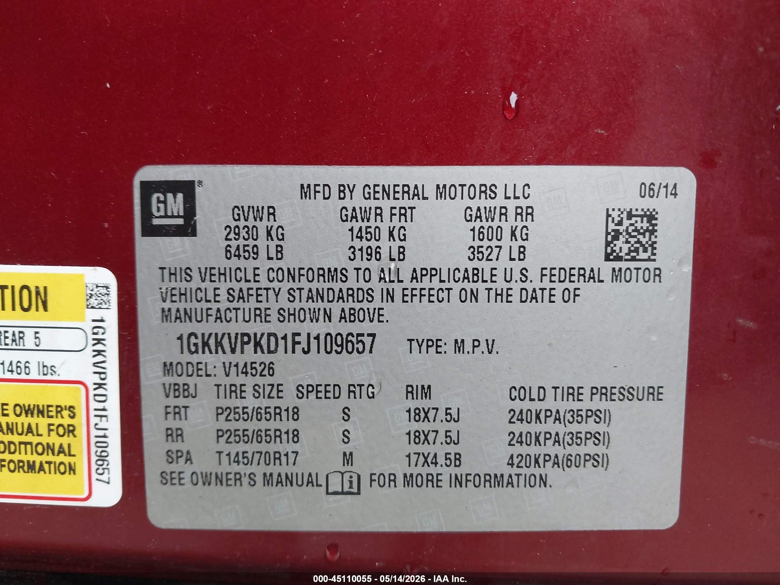 2015 Gmc Acadia Sle-2 Red vin: 1GKKVPKD1FJ109657