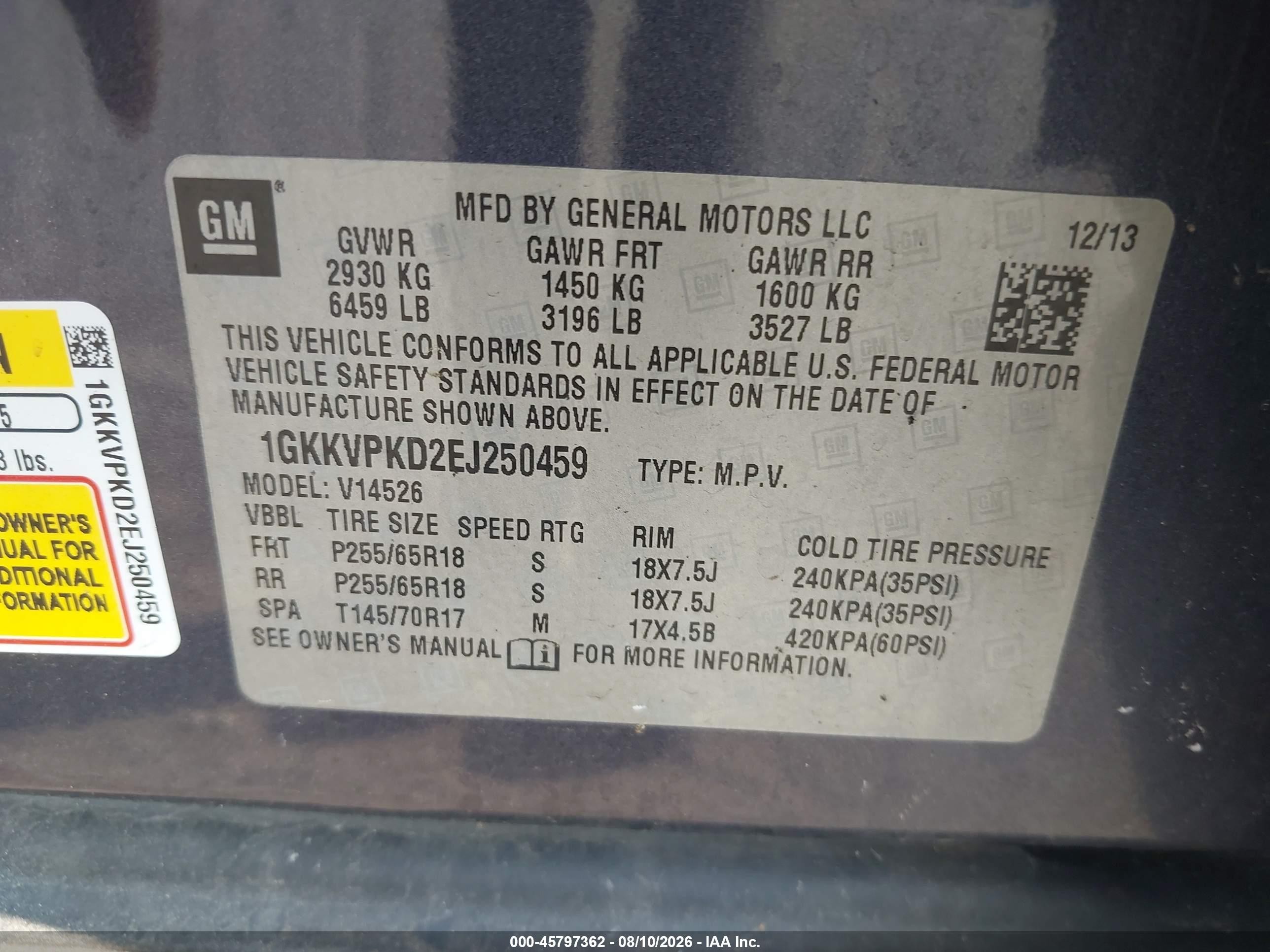 2014 Gmc Acadia Sle-2 Blue vin: 1GKKVPKD2EJ250459