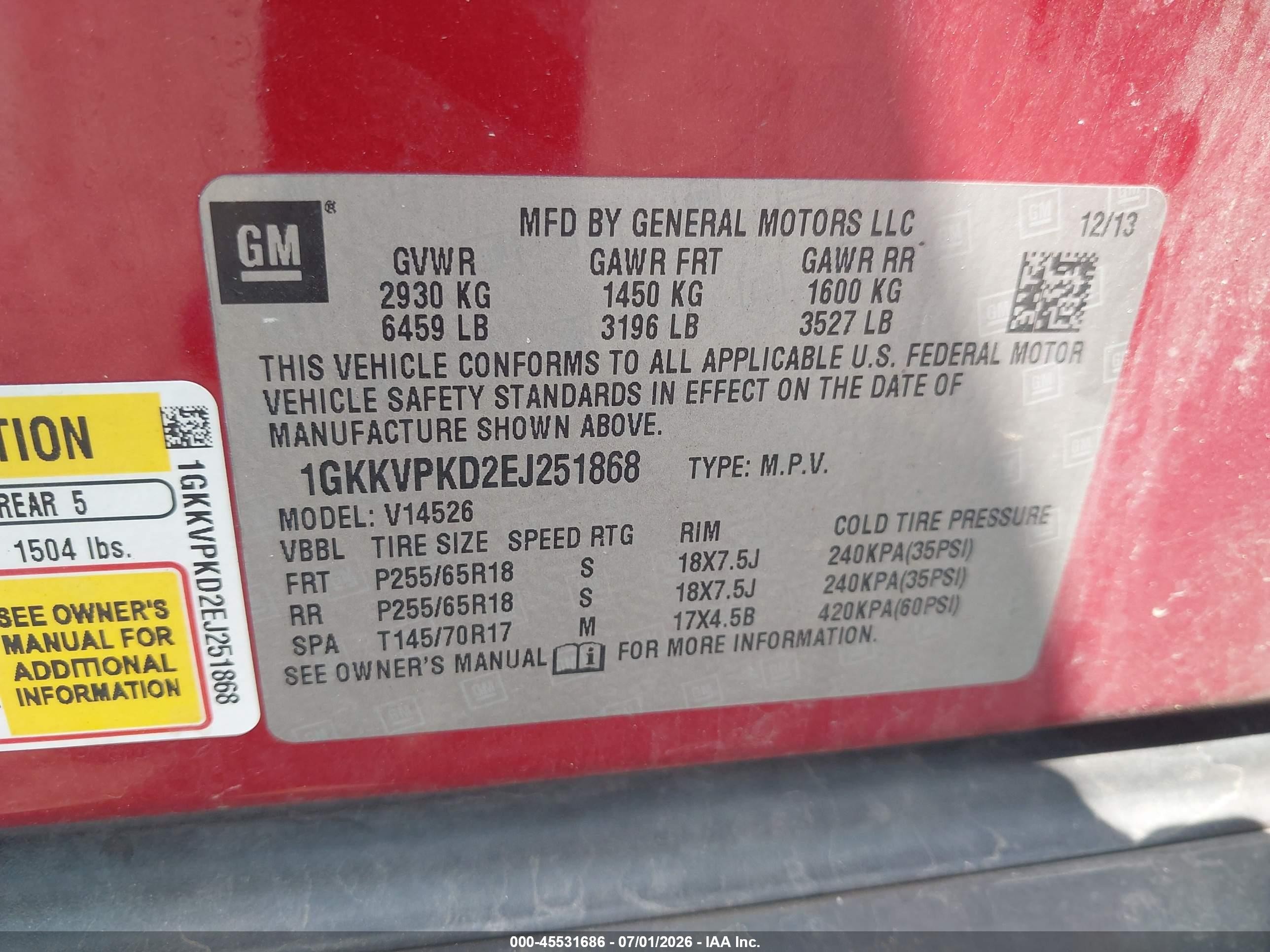 2014 Gmc Acadia Sle-2 Красный vin: 1GKKVPKD2EJ251868