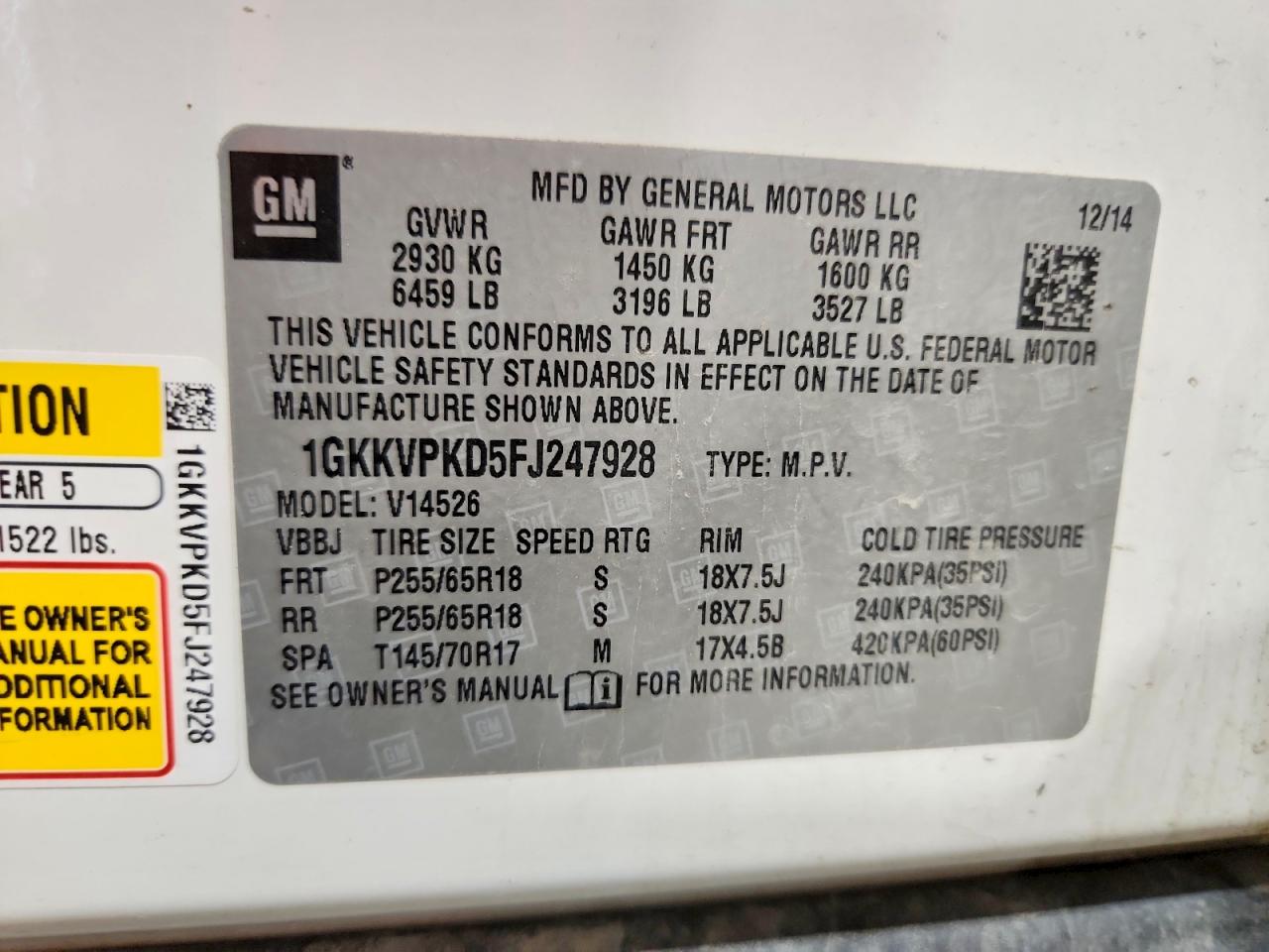 2015 Gmc Acadia Sle White vin: 1GKKVPKD5FJ247928