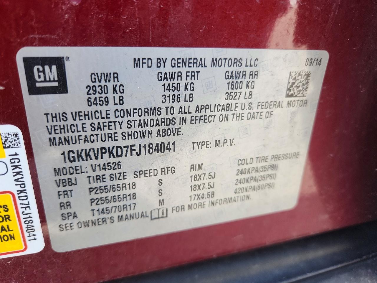2015 Gmc Acadia Sle Burgundy vin: 1GKKVPKD7FJ184041