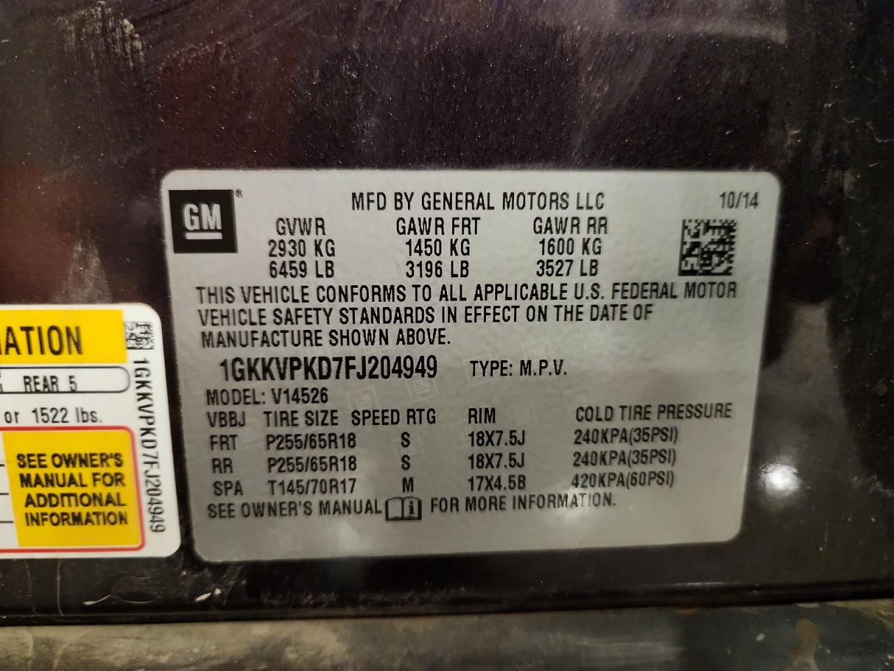 2015 Gmc Acadia Sle Charcoal vin: 1GKKVPKD7FJ204949