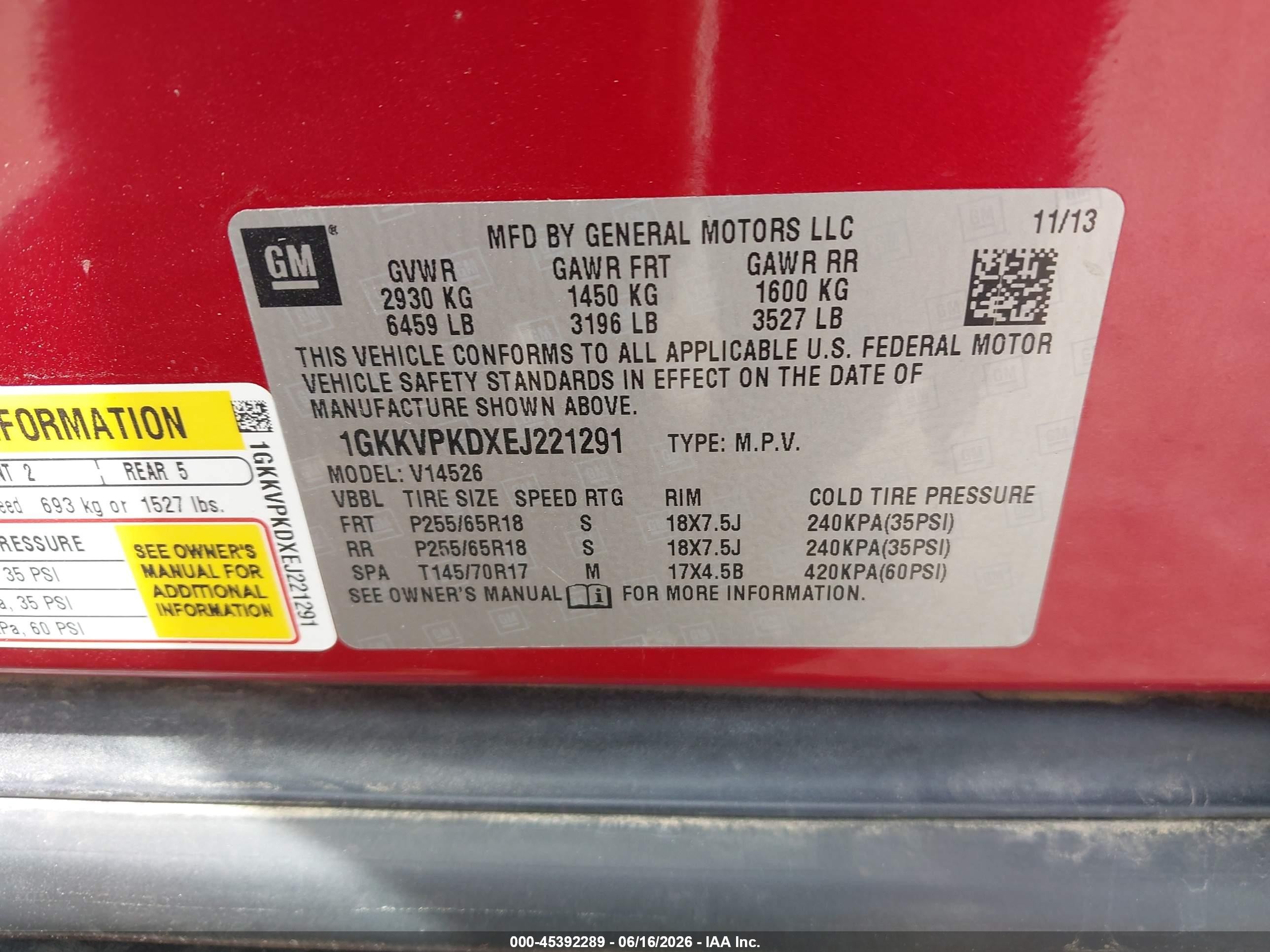 2014 Gmc Acadia Sle-2 Red vin: 1GKKVPKDXEJ221291