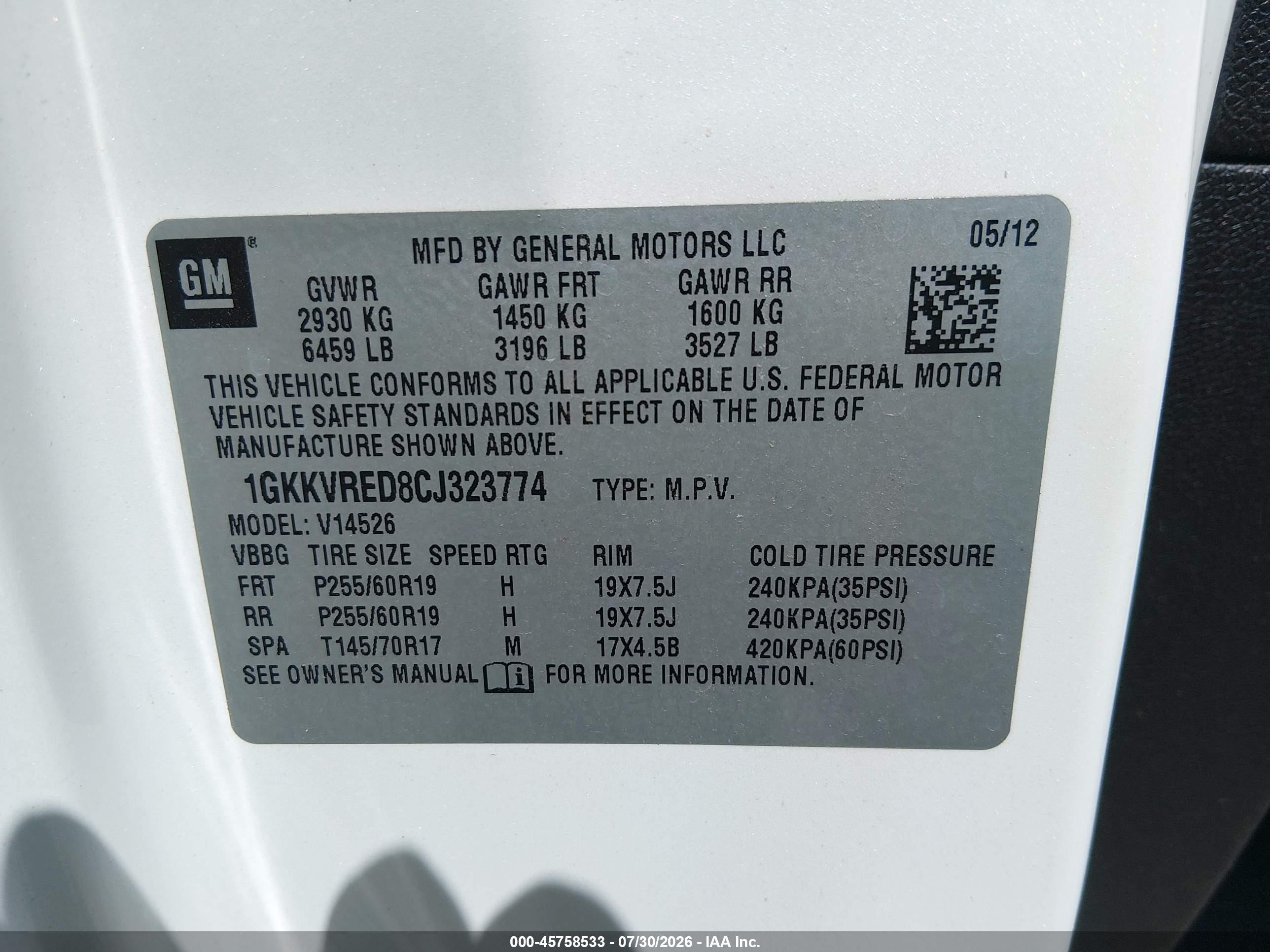 2012 Gmc Acadia Slt-1 White vin: 1GKKVRED8CJ323774