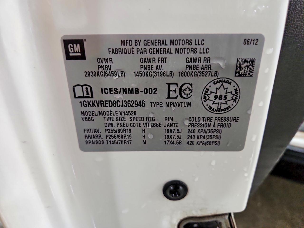 2012 Gmc Acadia Slt-1 White vin: 1GKKVRED8CJ362946