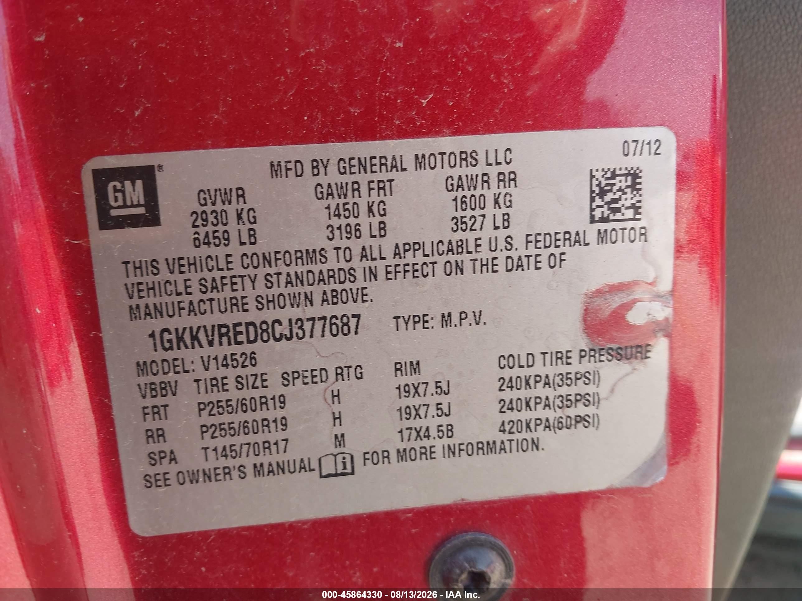 2012 Gmc Acadia Slt-1 Red vin: 1GKKVRED8CJ377687