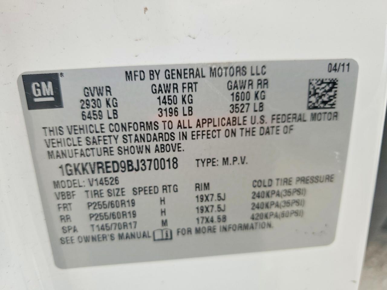2011 Gmc Acadia Slt-1 White vin: 1GKKVRED9BJ370018