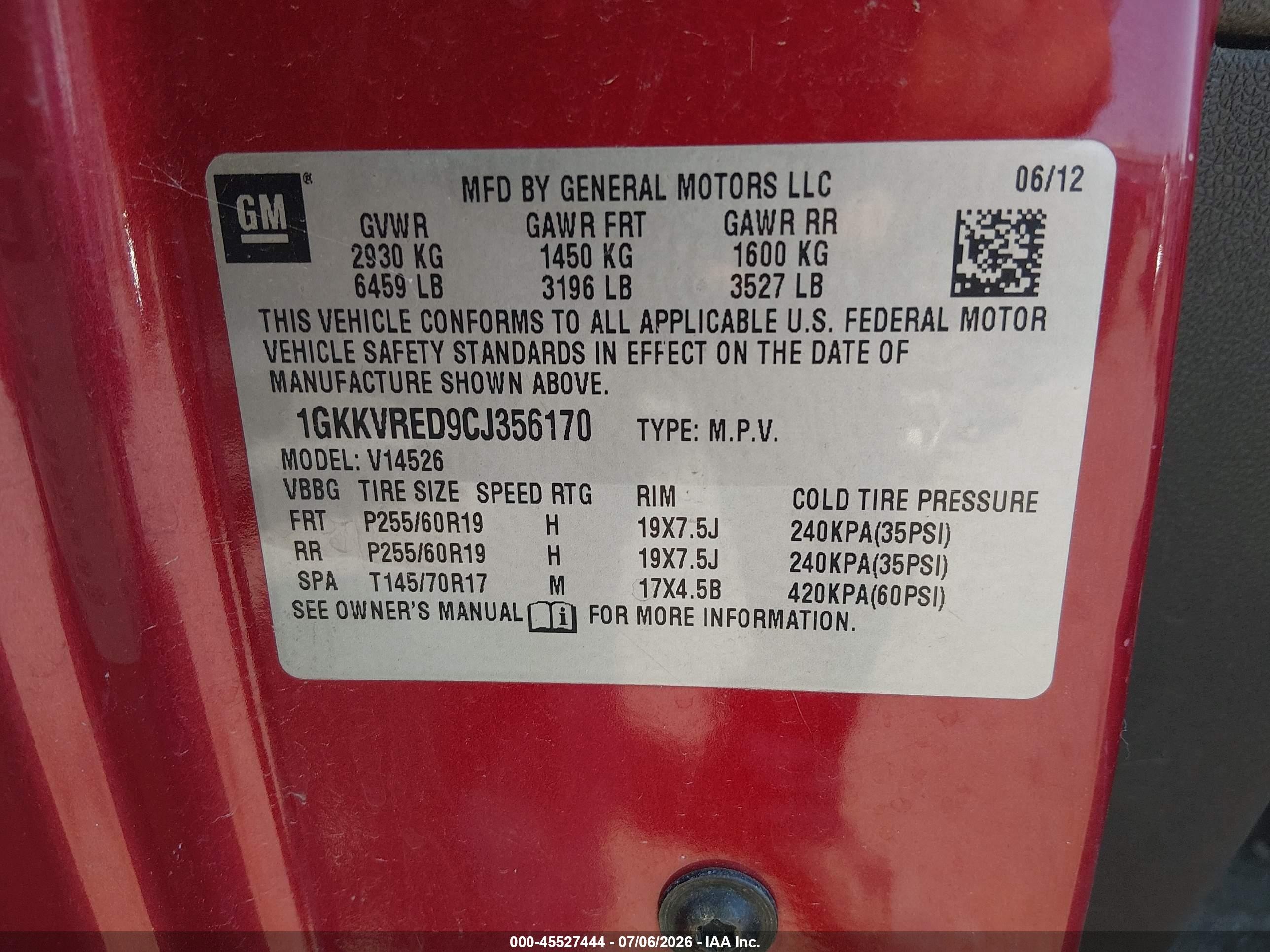 2012 Gmc Acadia Slt-1 Red vin: 1GKKVRED9CJ356170