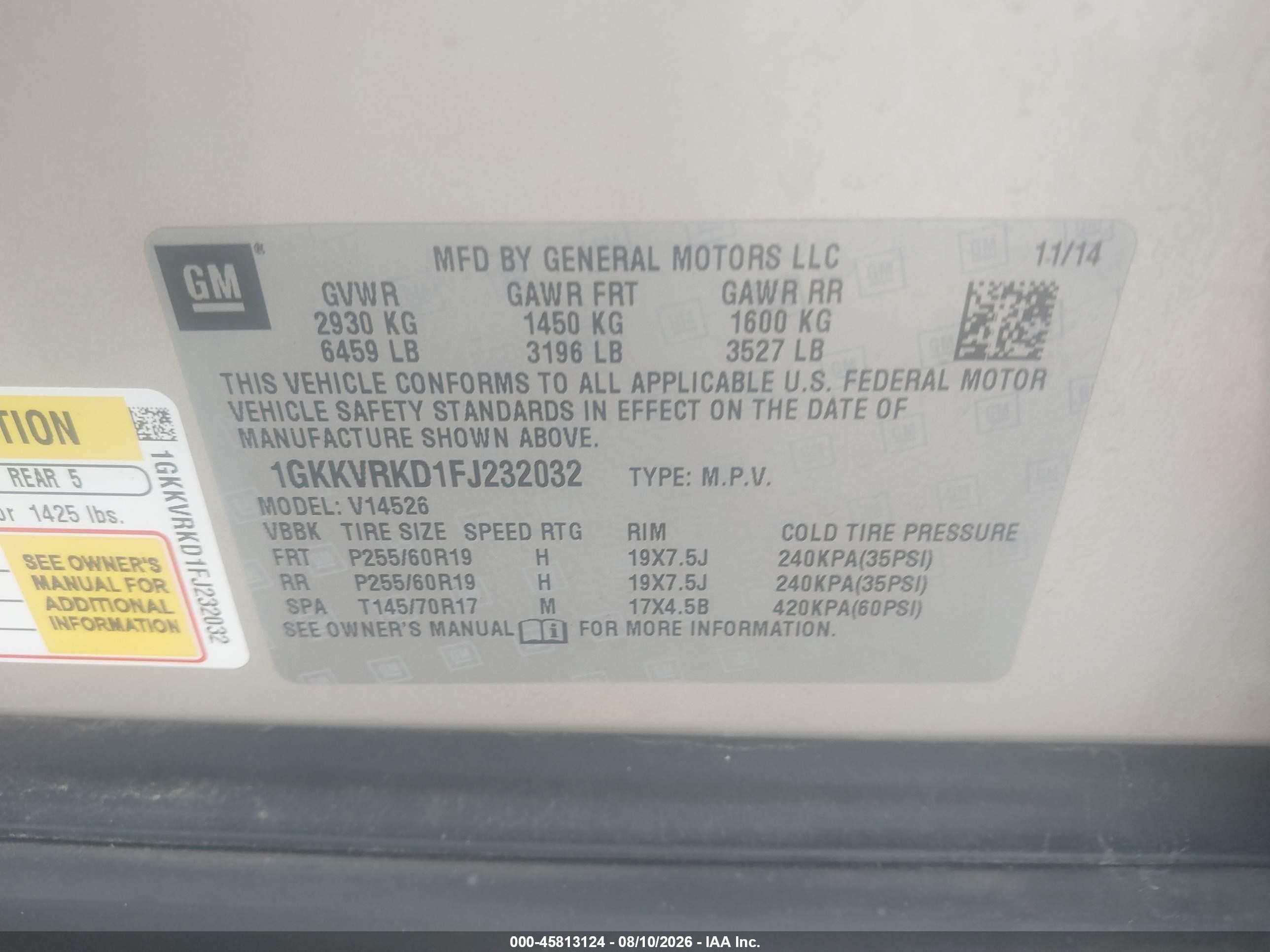 2015 Gmc Acadia Slt Tan vin: 1GKKVRKD1FJ232032