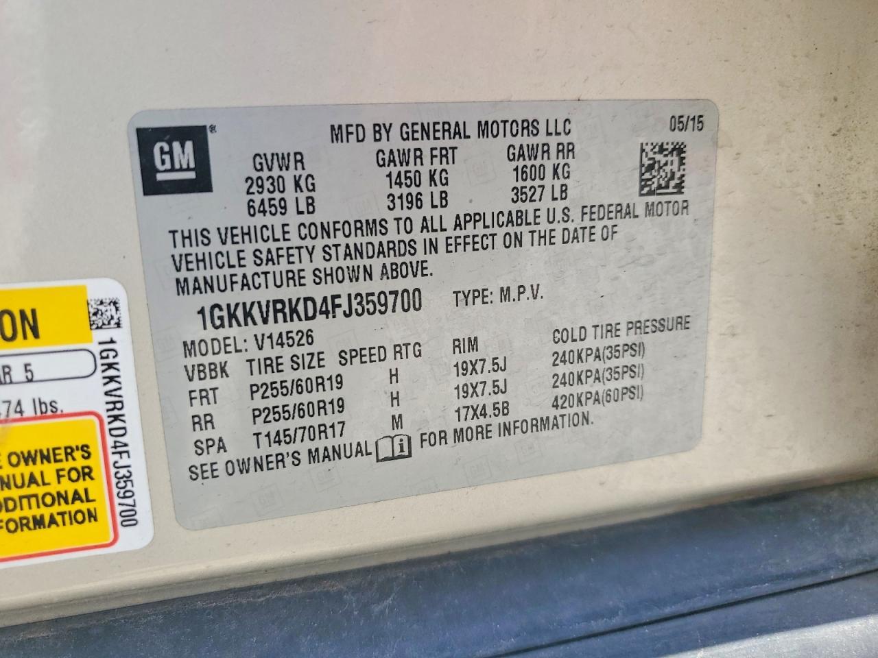 2015 Gmc Acadia Slt-1 Tan vin: 1GKKVRKD4FJ359700
