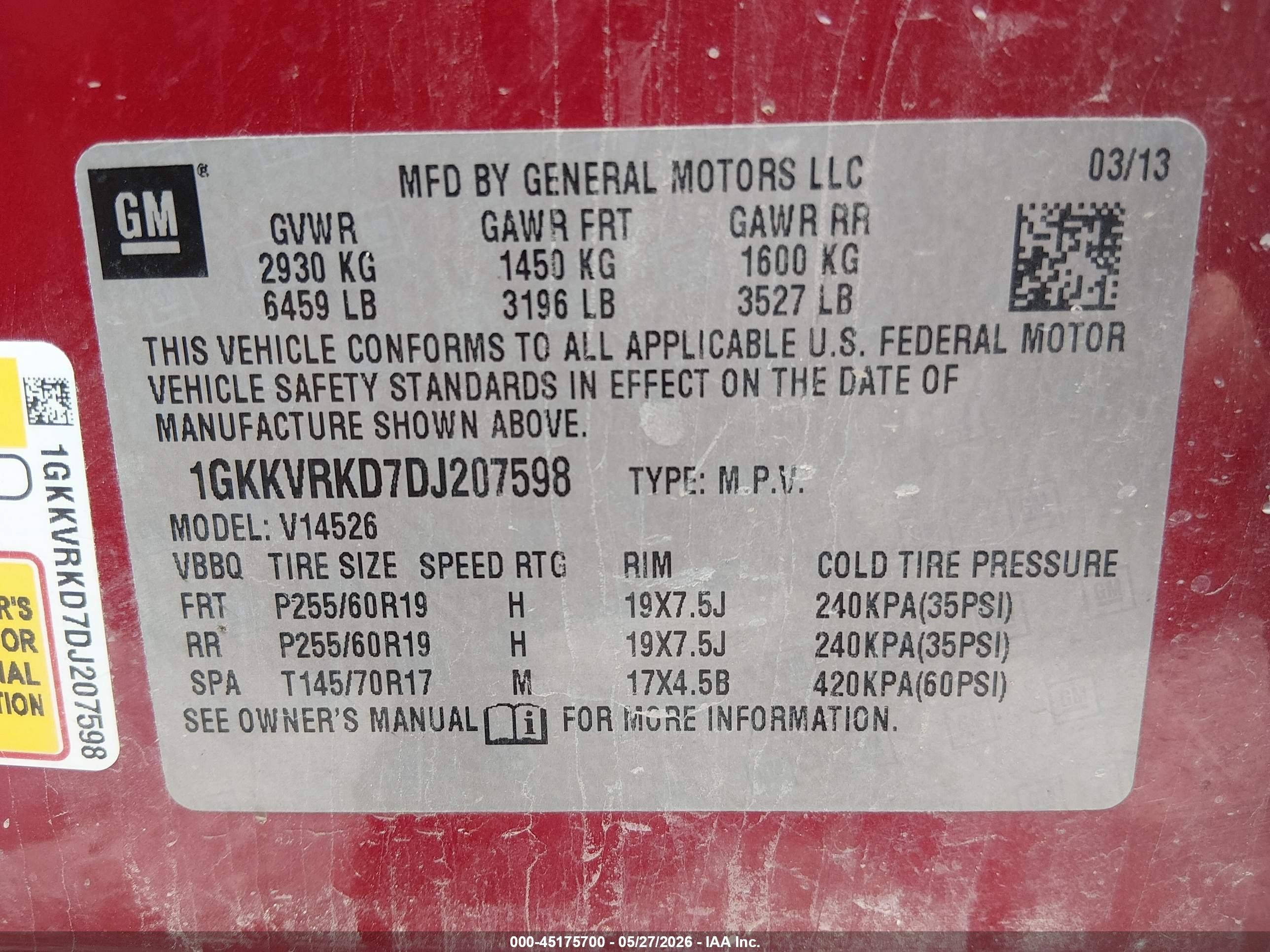2013 Gmc Acadia Slt-1 Red vin: 1GKKVRKD7DJ207598