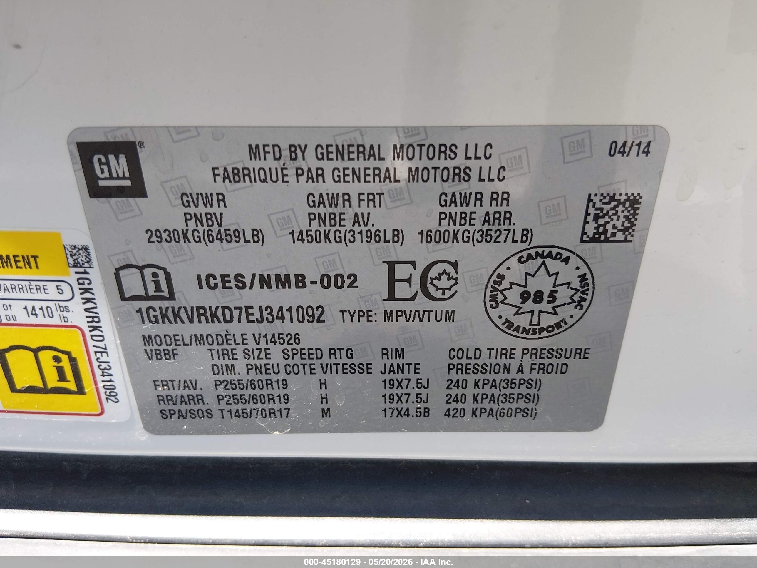 2014 Gmc Acadia Slt-1 White vin: 1GKKVRKD7EJ341092