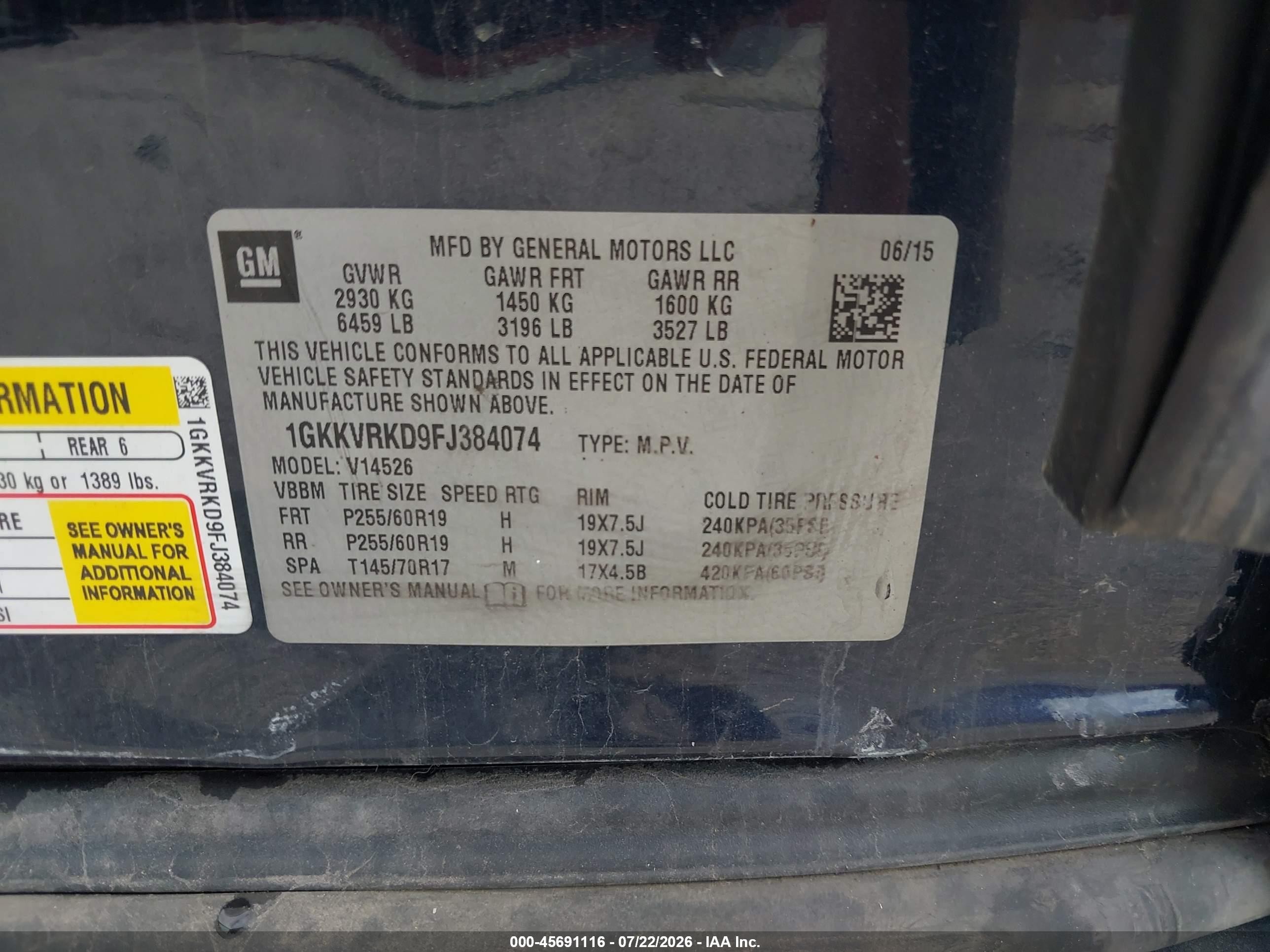 2015 Gmc Acadia Slt Dark Blue vin: 1GKKVRKD9FJ384074