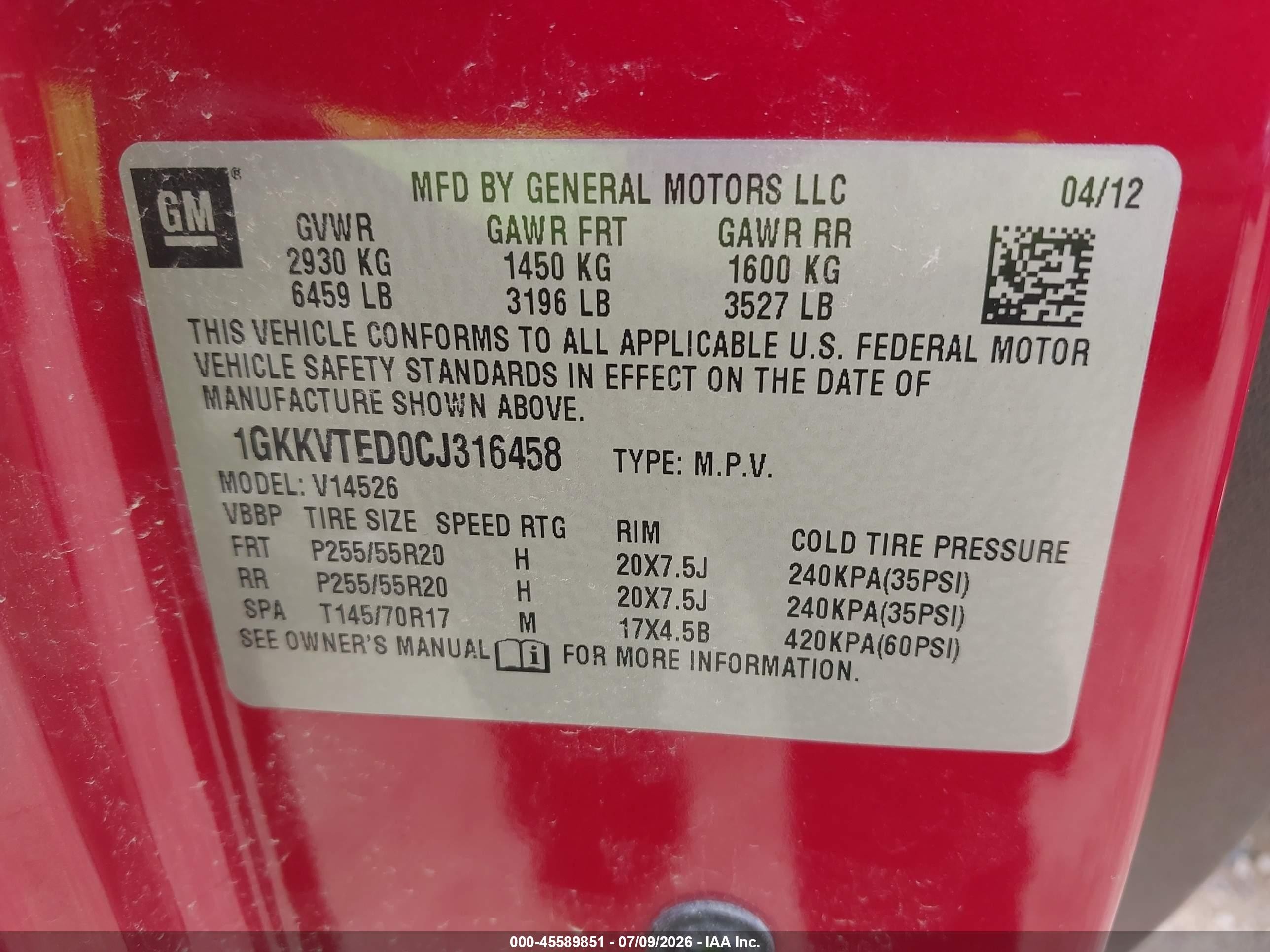 2012 Gmc Acadia Denali Red vin: 1GKKVTED0CJ316458