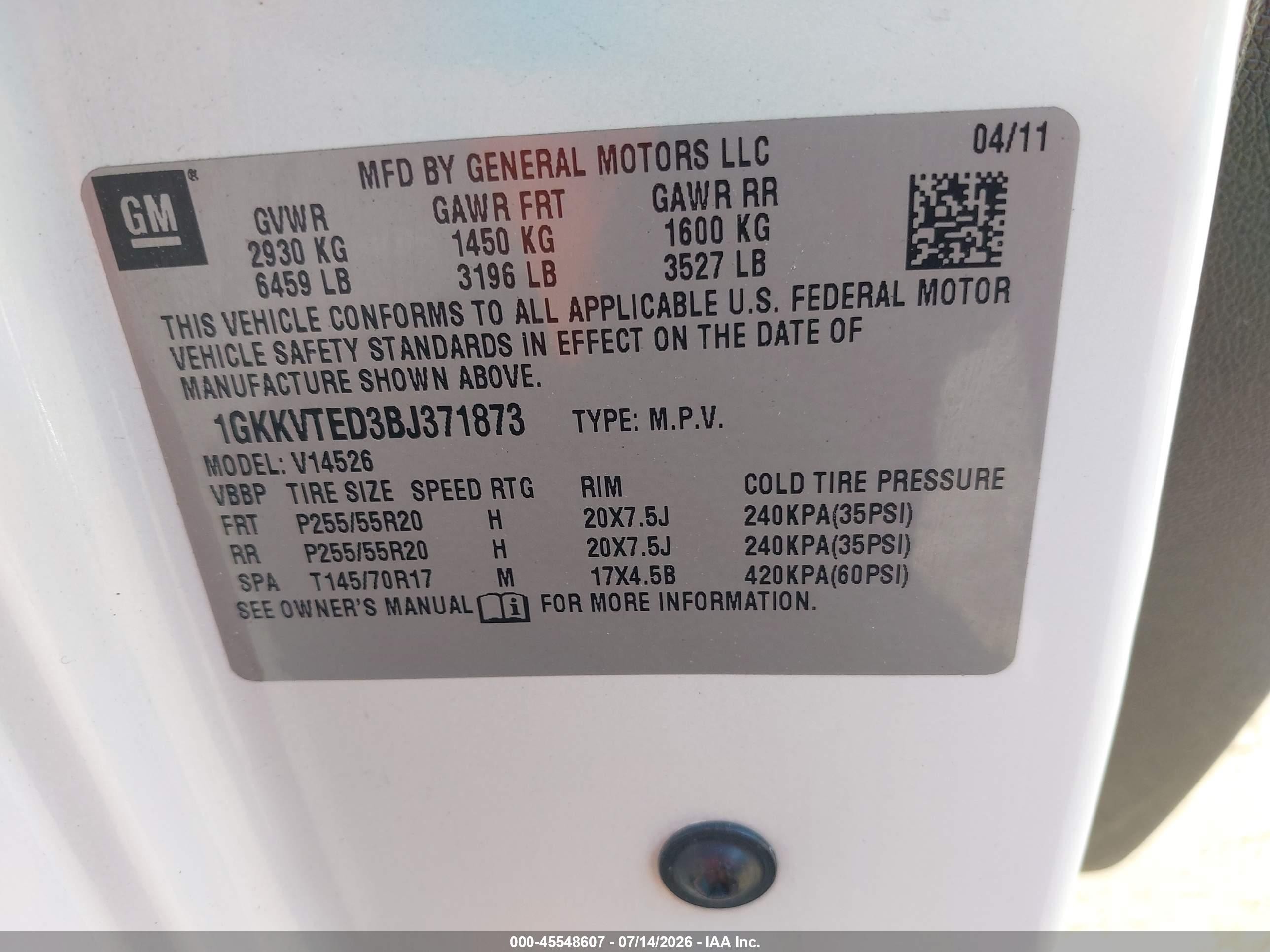 2011 Gmc Acadia Denali Белый vin: 1GKKVTED3BJ371873