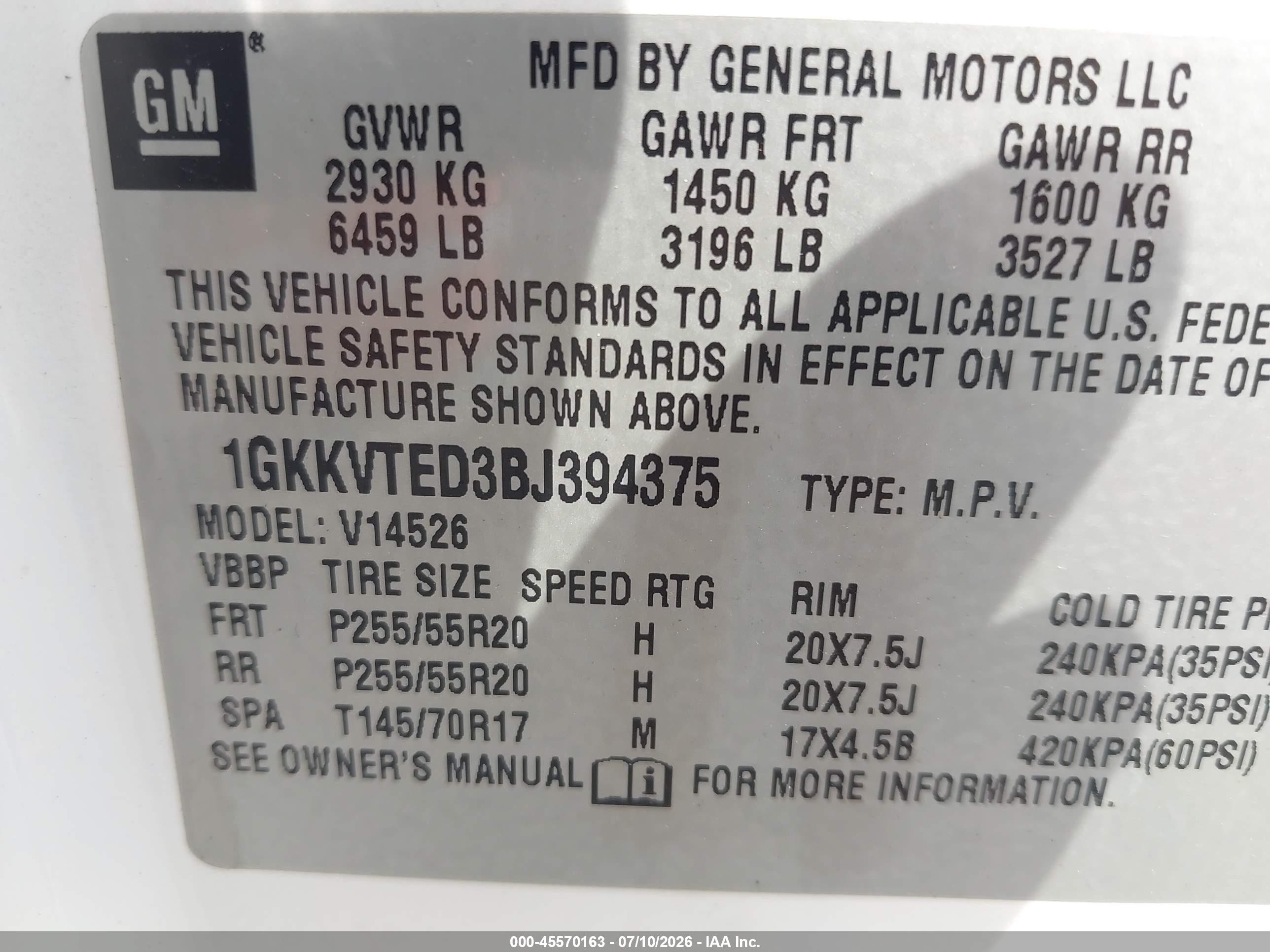 2011 Gmc Acadia Denali White vin: 1GKKVTED3BJ394375