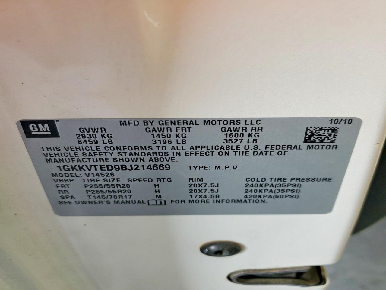 2011 Gmc Acadia Denali White vin: 1GKKVTED9BJ214669