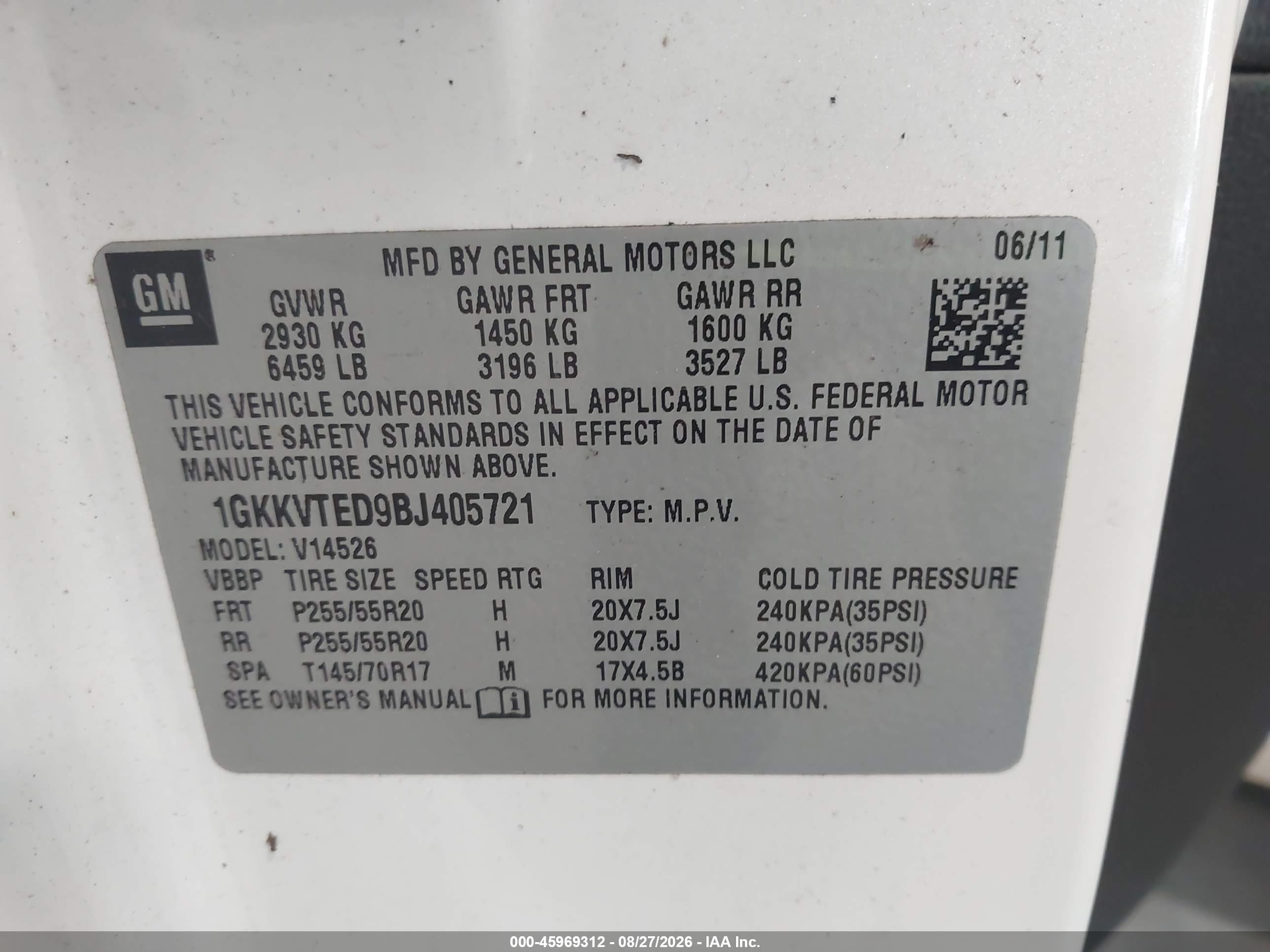 2011 Gmc Acadia Denali White vin: 1GKKVTED9BJ405721