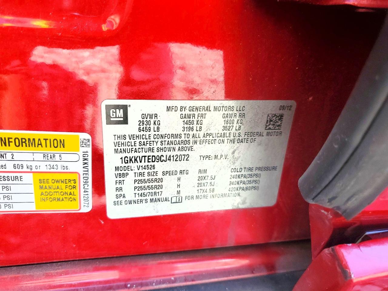 2012 Gmc Acadia Denali Red vin: 1GKKVTED9CJ412072