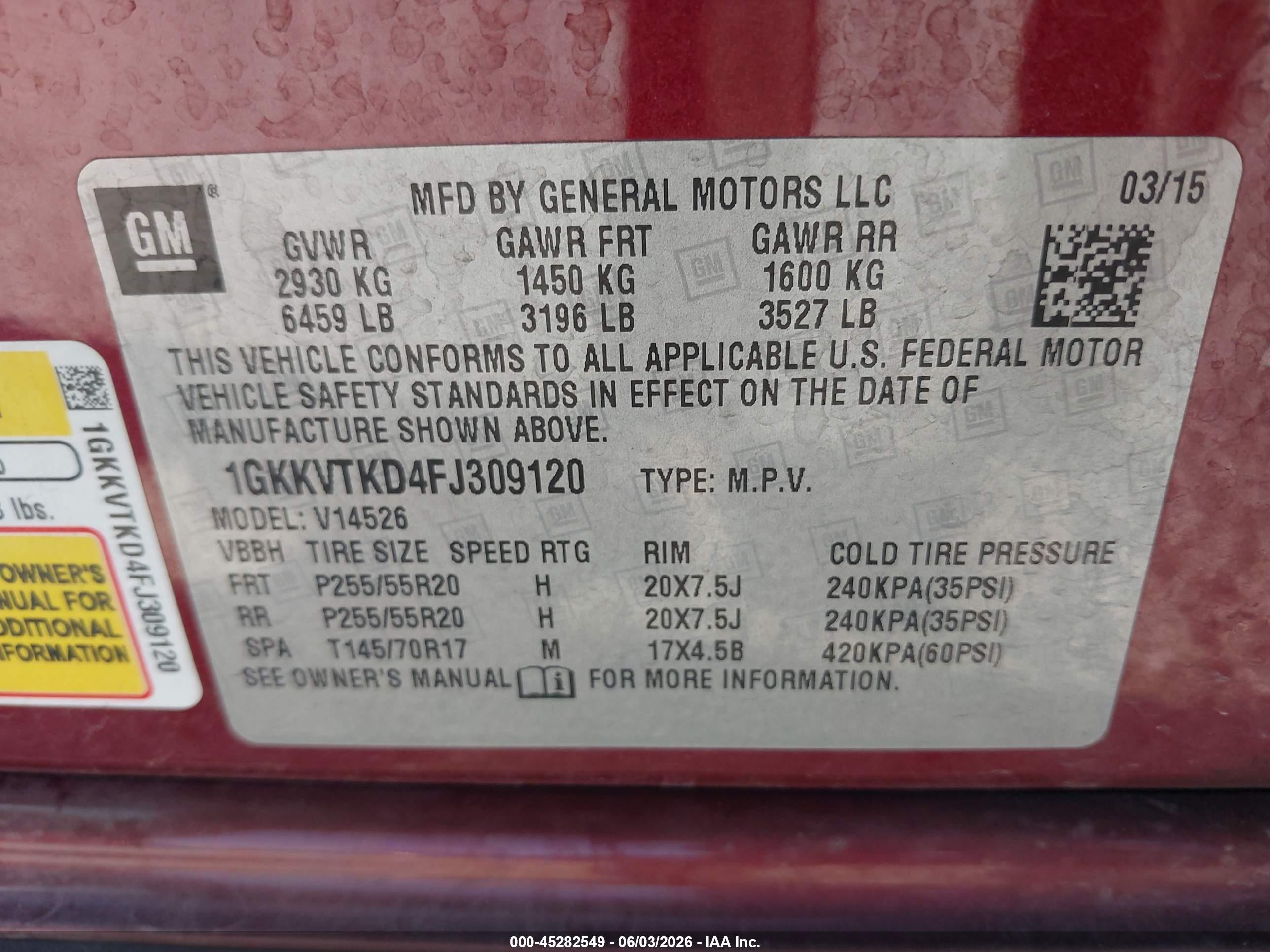 2015 Gmc Acadia Denali Red vin: 1GKKVTKD4FJ309120