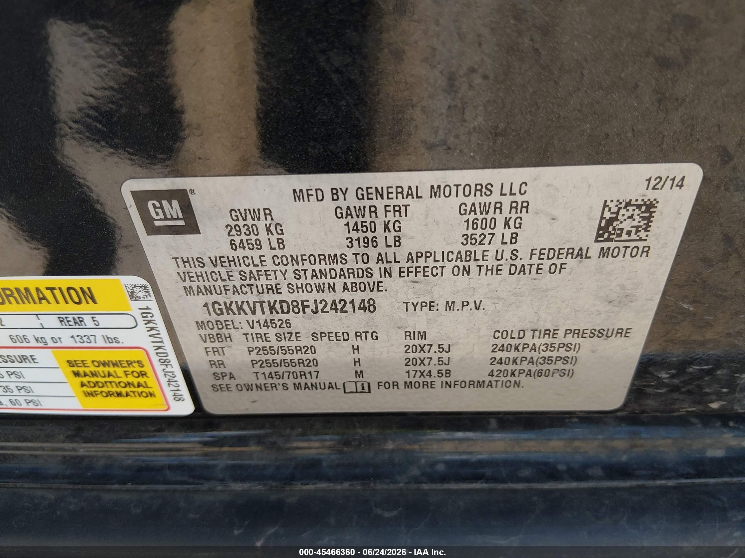 2015 Gmc Acadia Denali Black vin: 1GKKVTKD8FJ242148