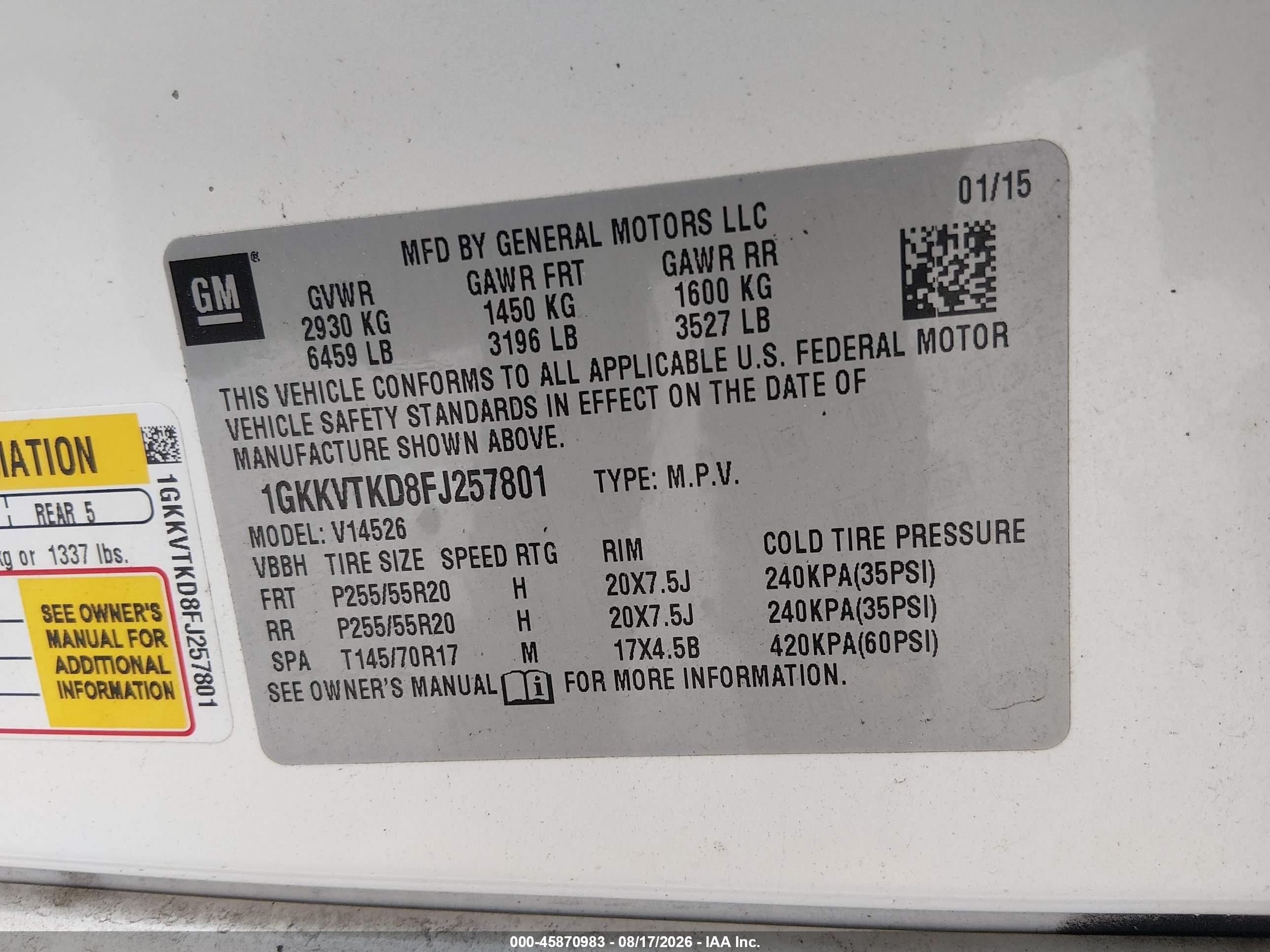 2015 Gmc Acadia Denali White vin: 1GKKVTKD8FJ257801