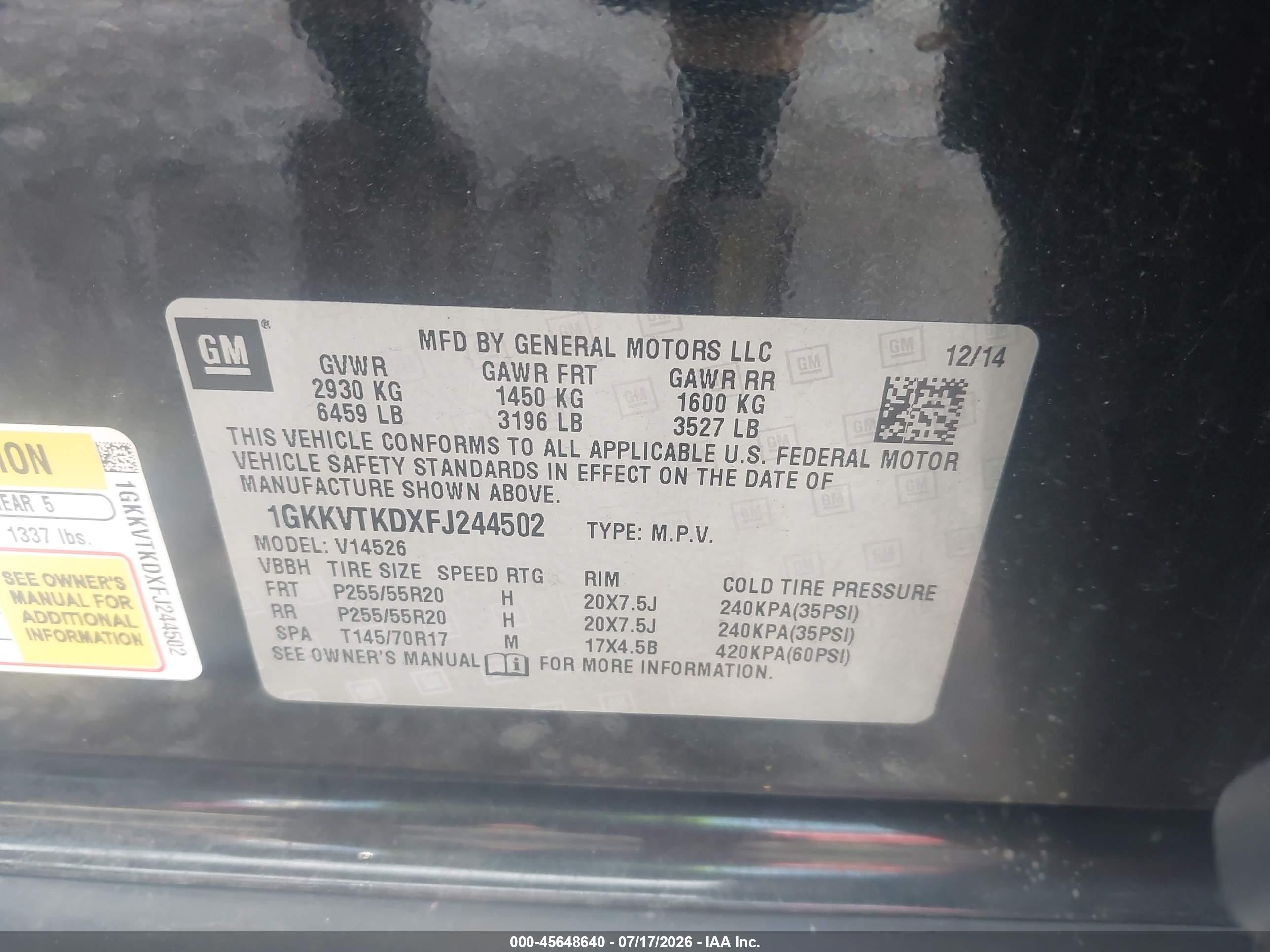 2015 Gmc Acadia Denali Black vin: 1GKKVTKDXFJ244502