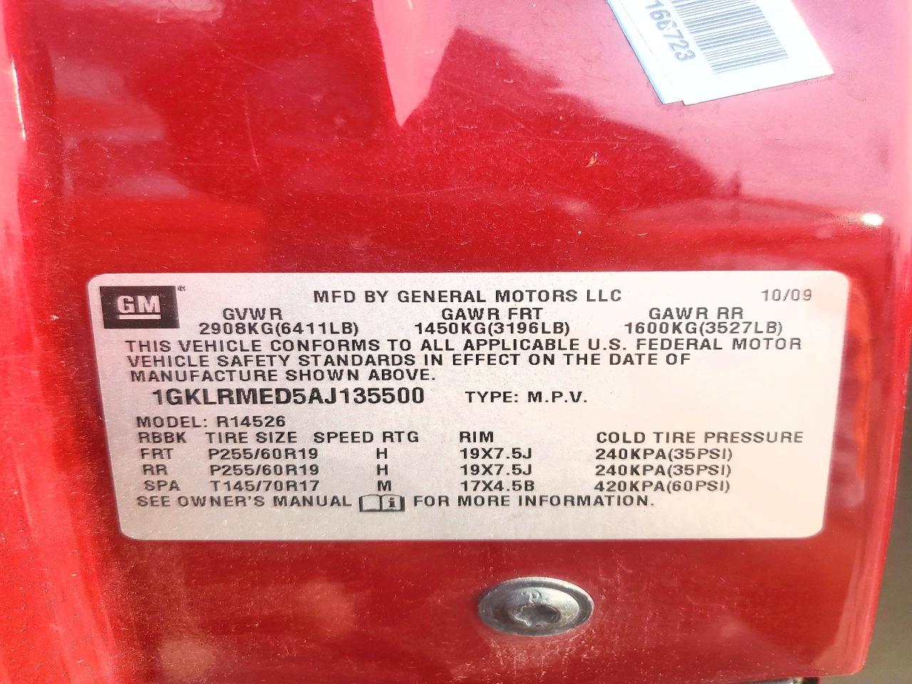 2010 Gmc Acadia Slt-1 Red vin: 1GKLRMED5AJ135500