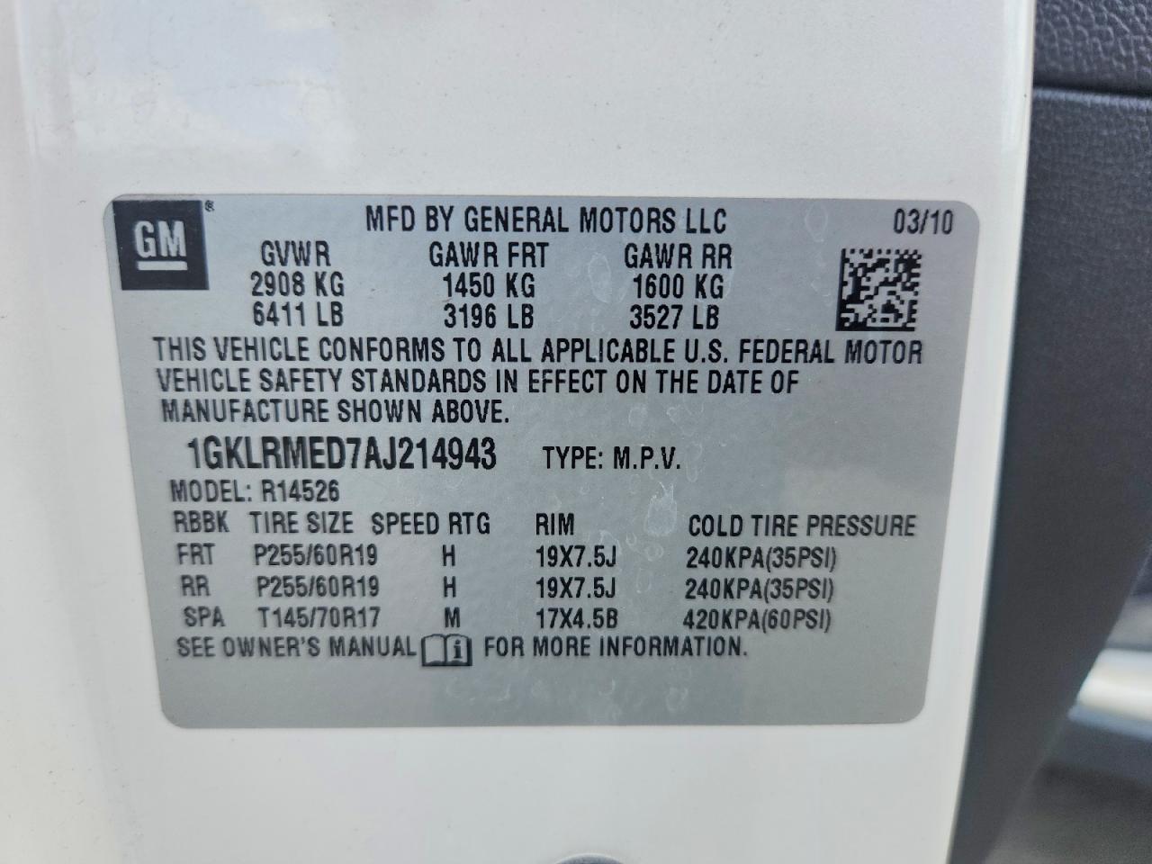 2010 Gmc Acadia Slt-1 White vin: 1GKLRMED7AJ214943