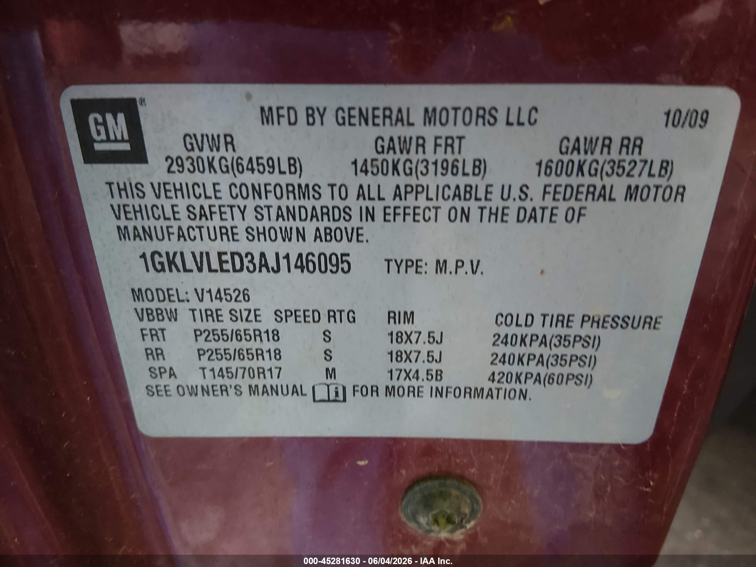 2010 Gmc Acadia Sle Red vin: 1GKLVLED3AJ146095