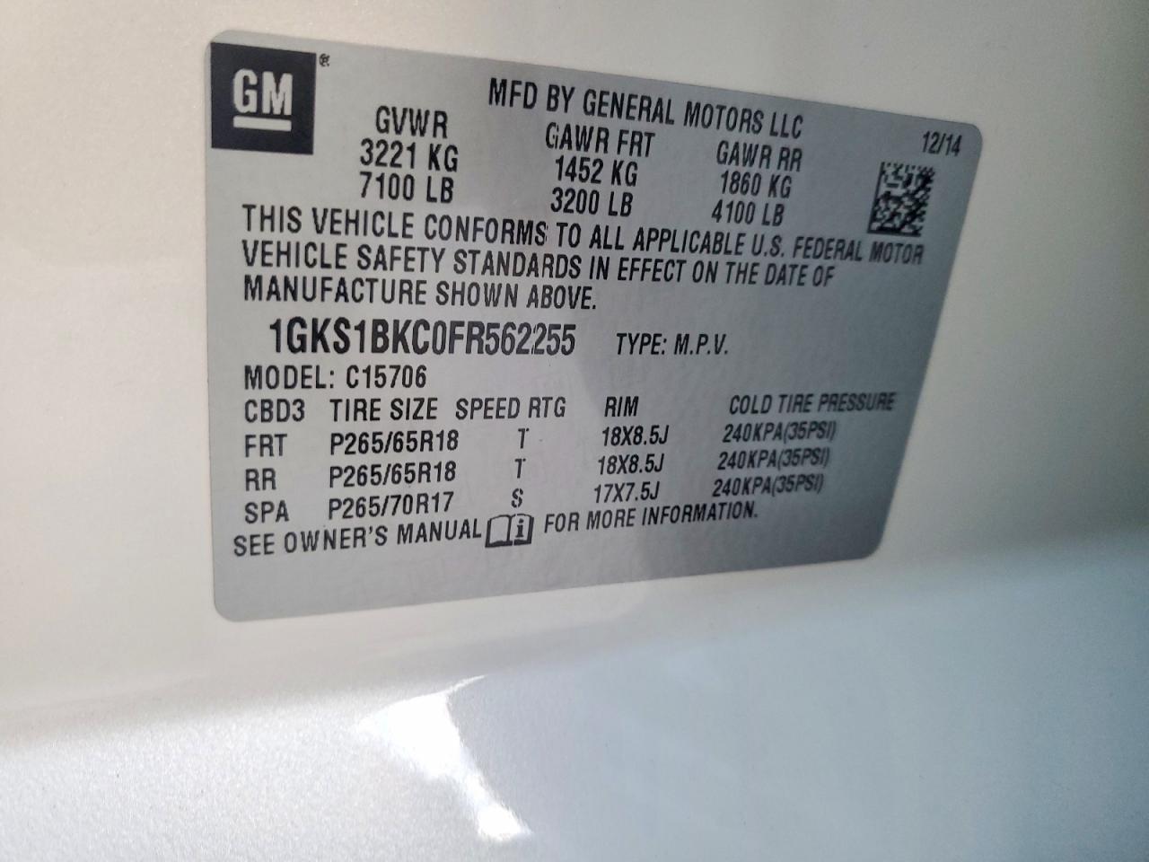 2015 Gmc Yukon Slt White vin: 1GKS1BKC0FR562255