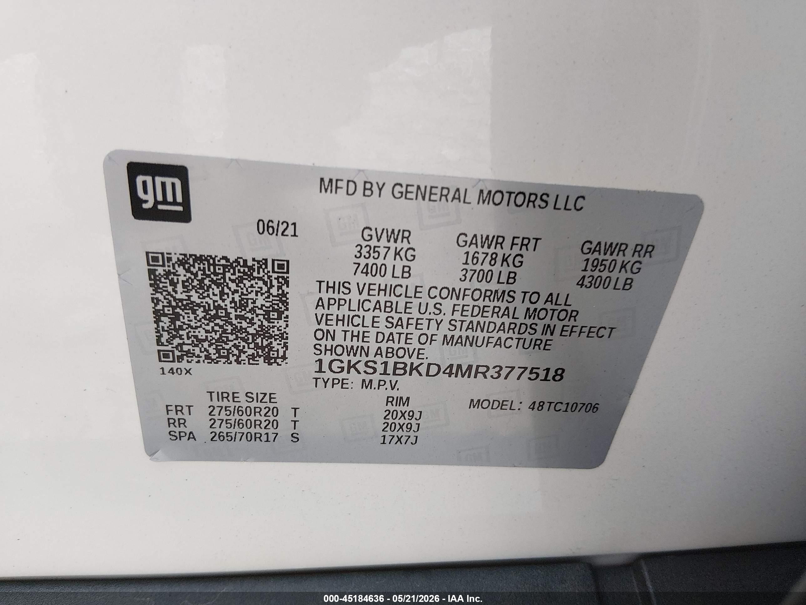 2021 Gmc Yukon 2wd Slt White vin: 1GKS1BKD4MR377518