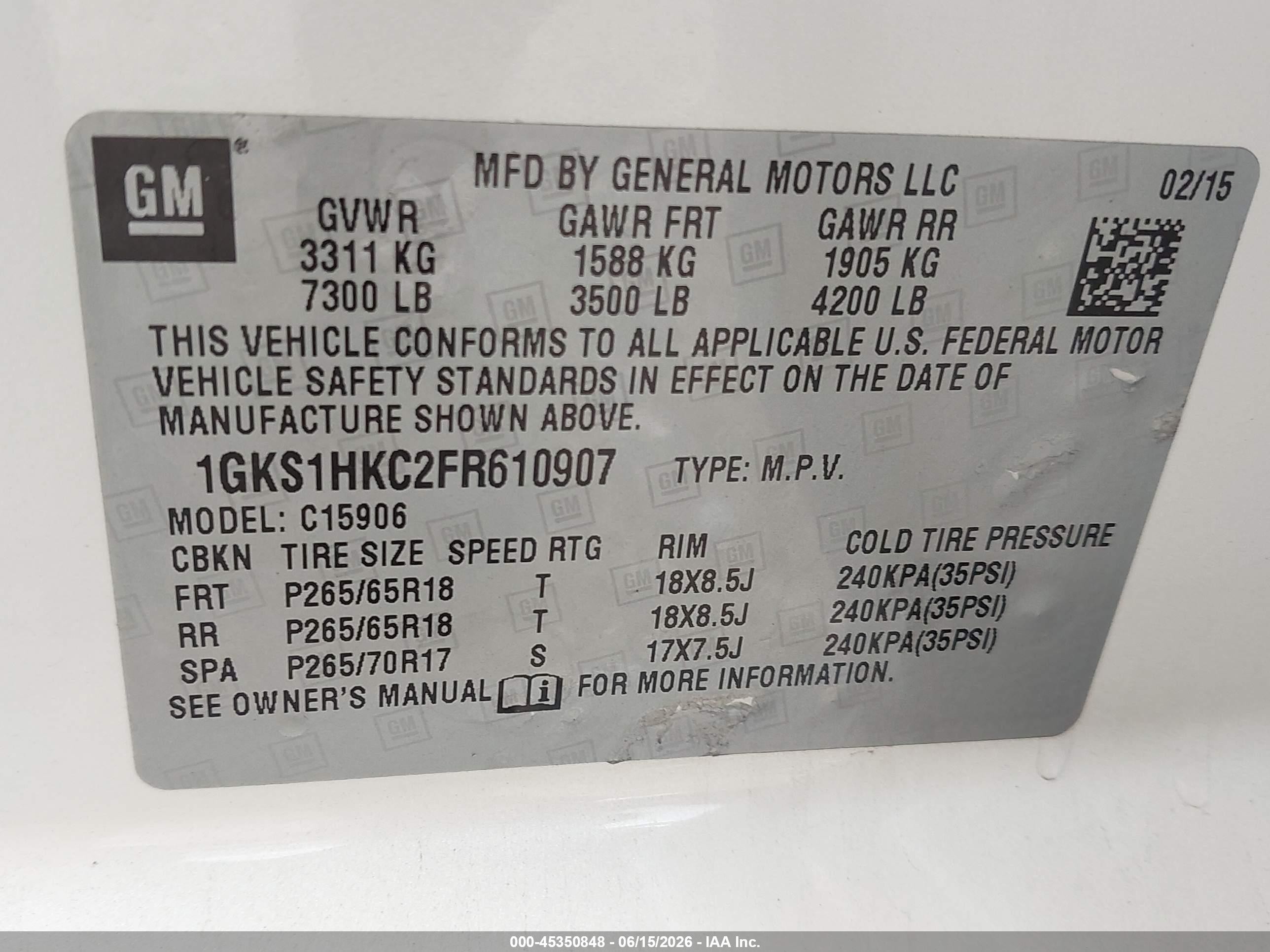 2015 Gmc Yukon Xl 1500 Slt White vin: 1GKS1HKC2FR610907