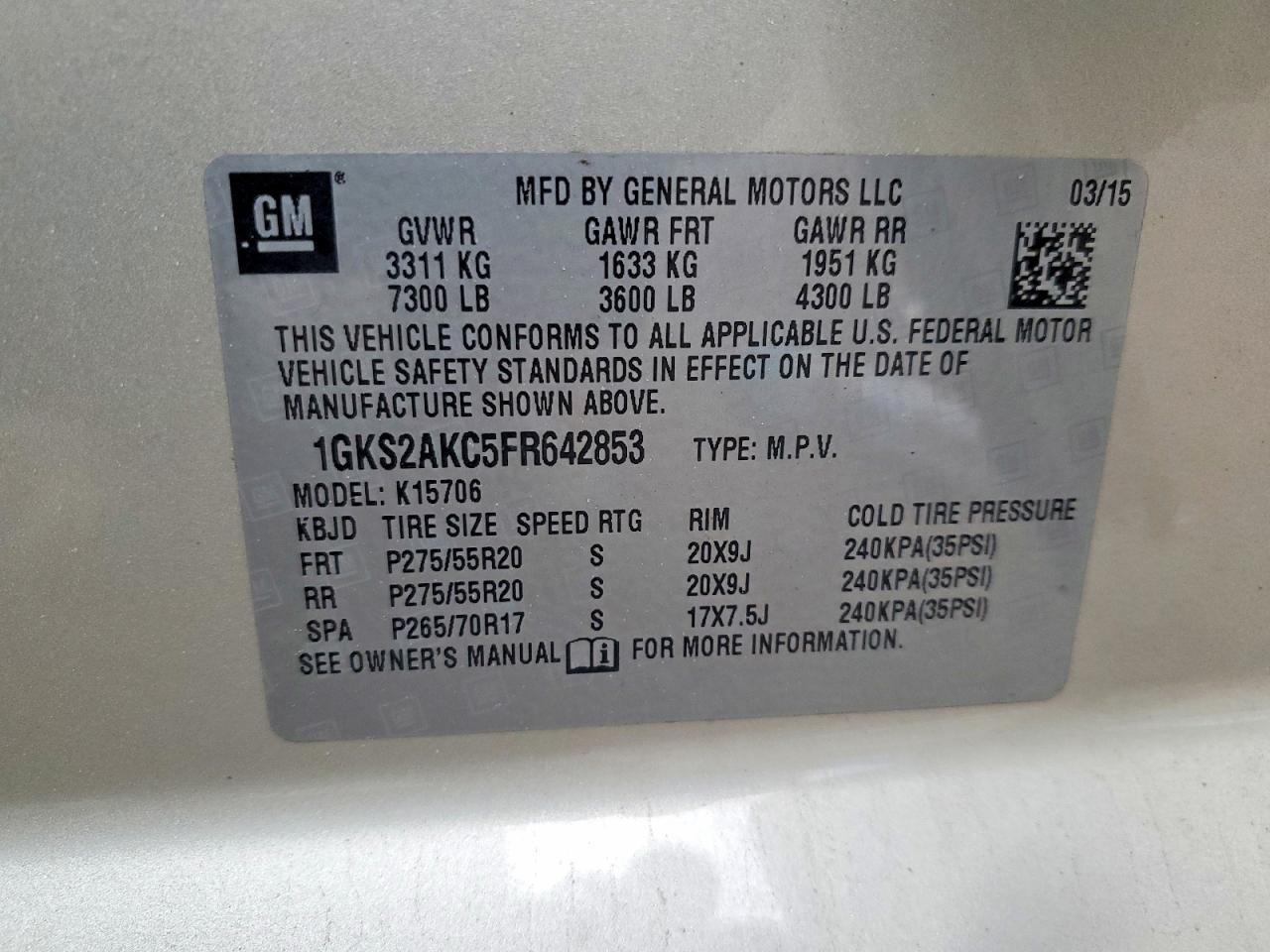 2015 Gmc Yukon Sle Cream vin: 1GKS2AKC5FR642853