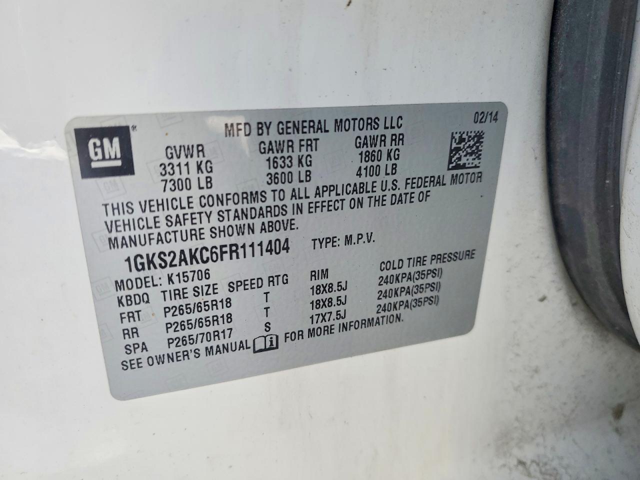 2015 Gmc Yukon Sle White vin: 1GKS2AKC6FR111404