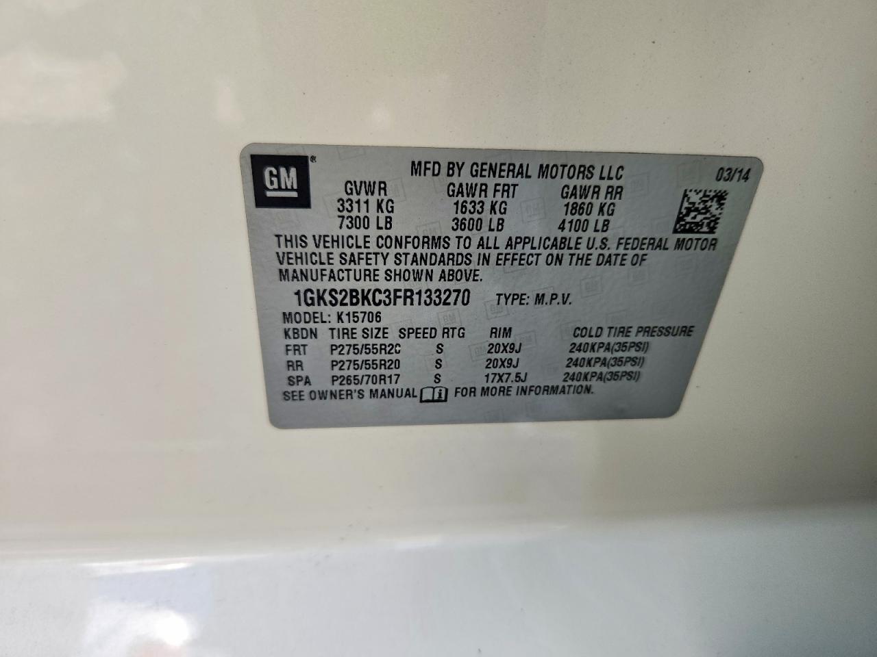 2015 Gmc Yukon Slt White vin: 1GKS2BKC3FR133270