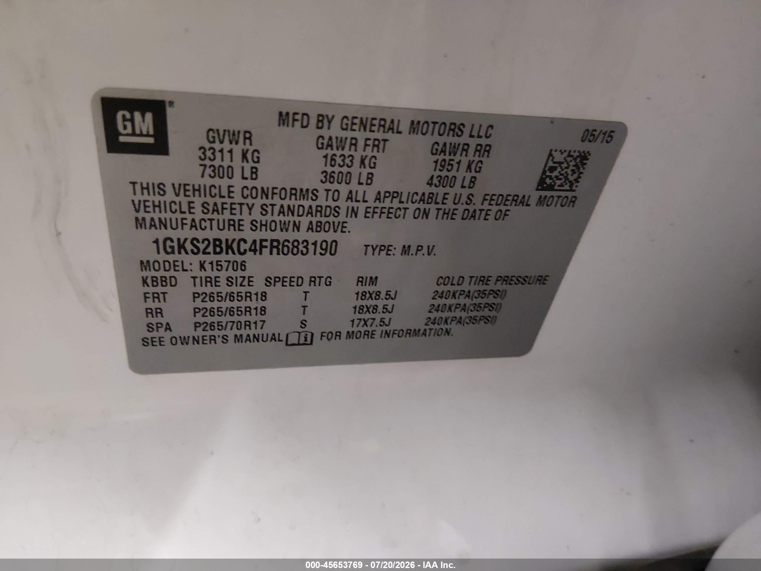 2015 Gmc Yukon Slt White vin: 1GKS2BKC4FR683190